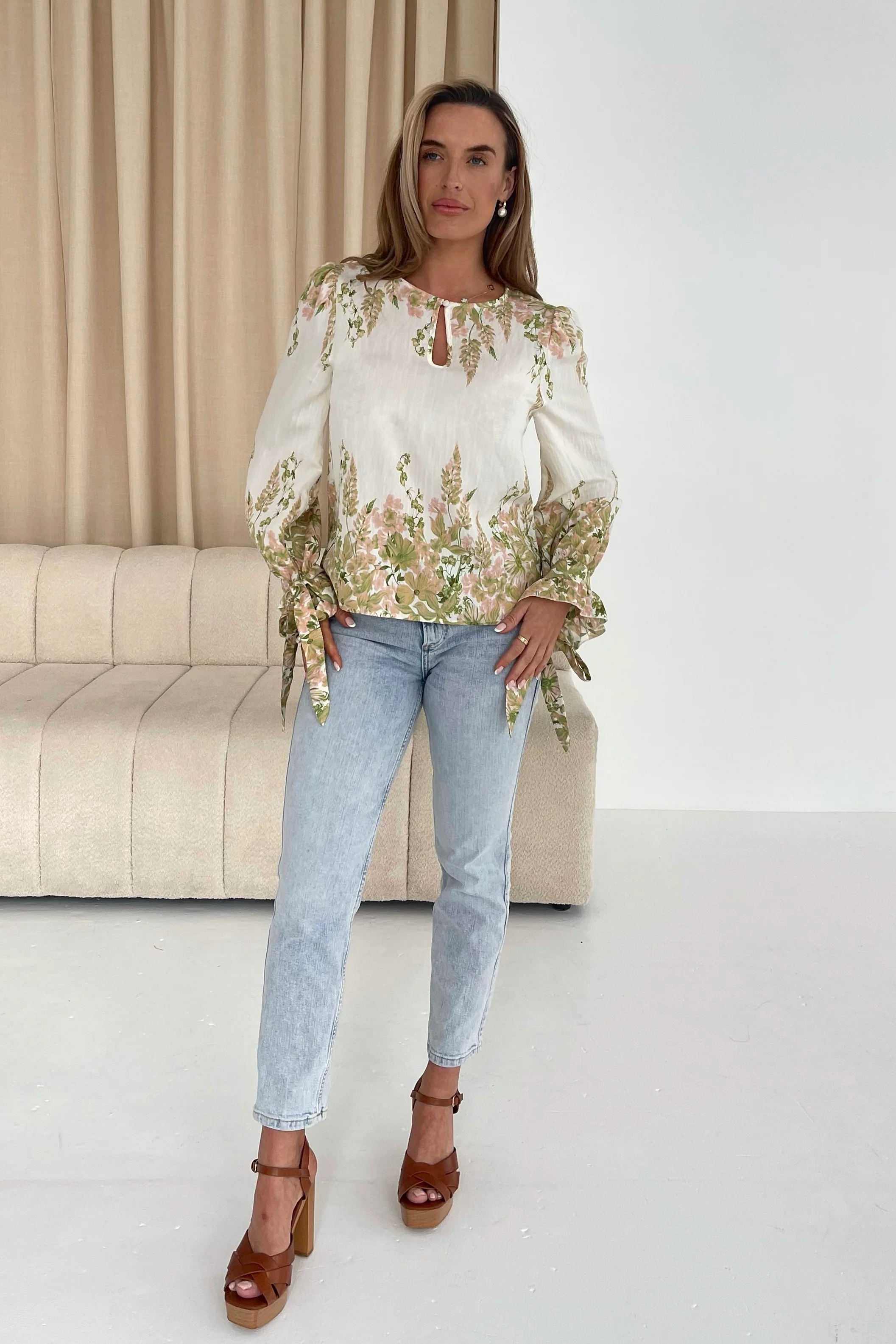 Darcy Tie Cuff Blouse in Linen Look Green Floral - Image 4