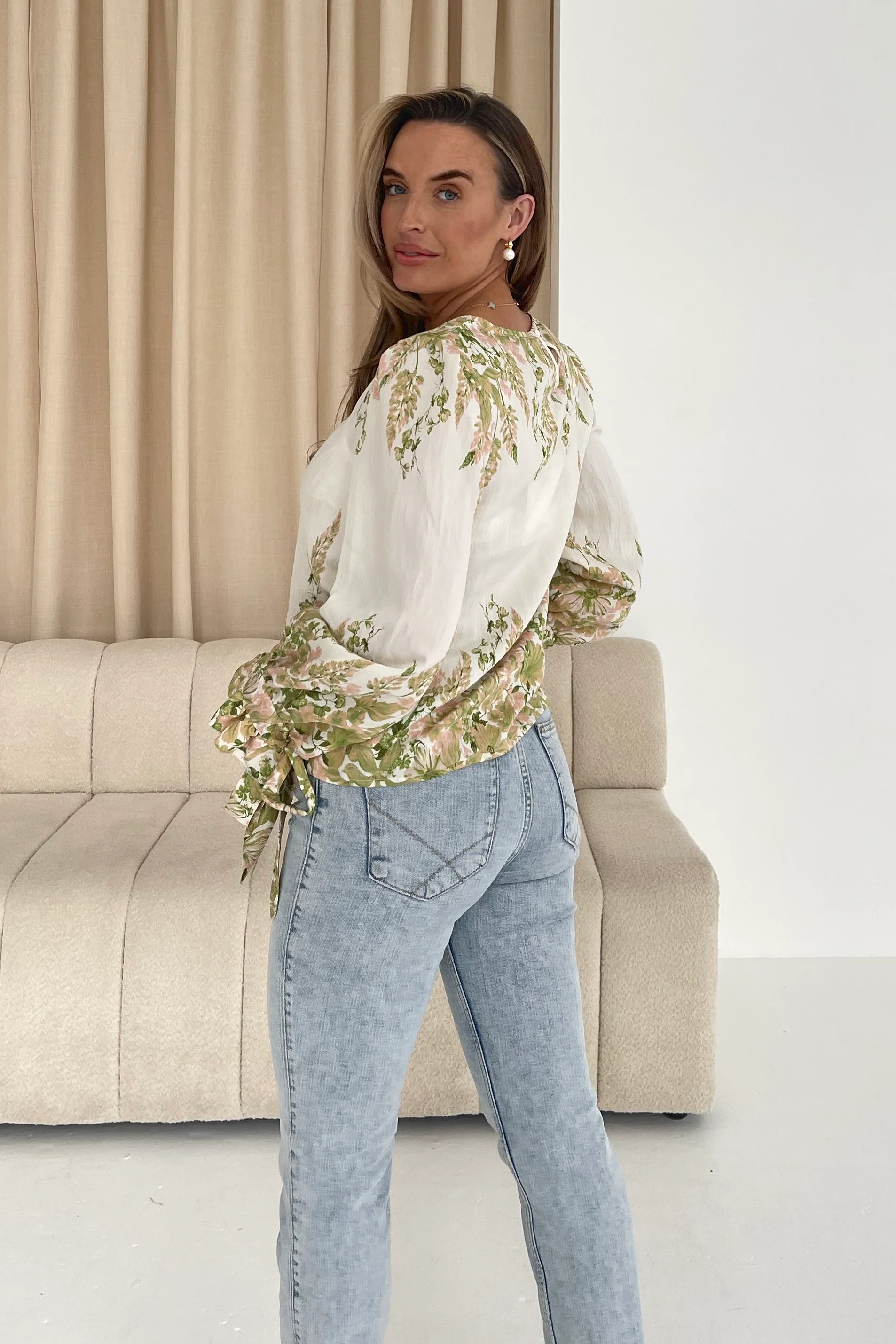Darcy Tie Cuff Blouse in Linen Look Green Floral - Image 5