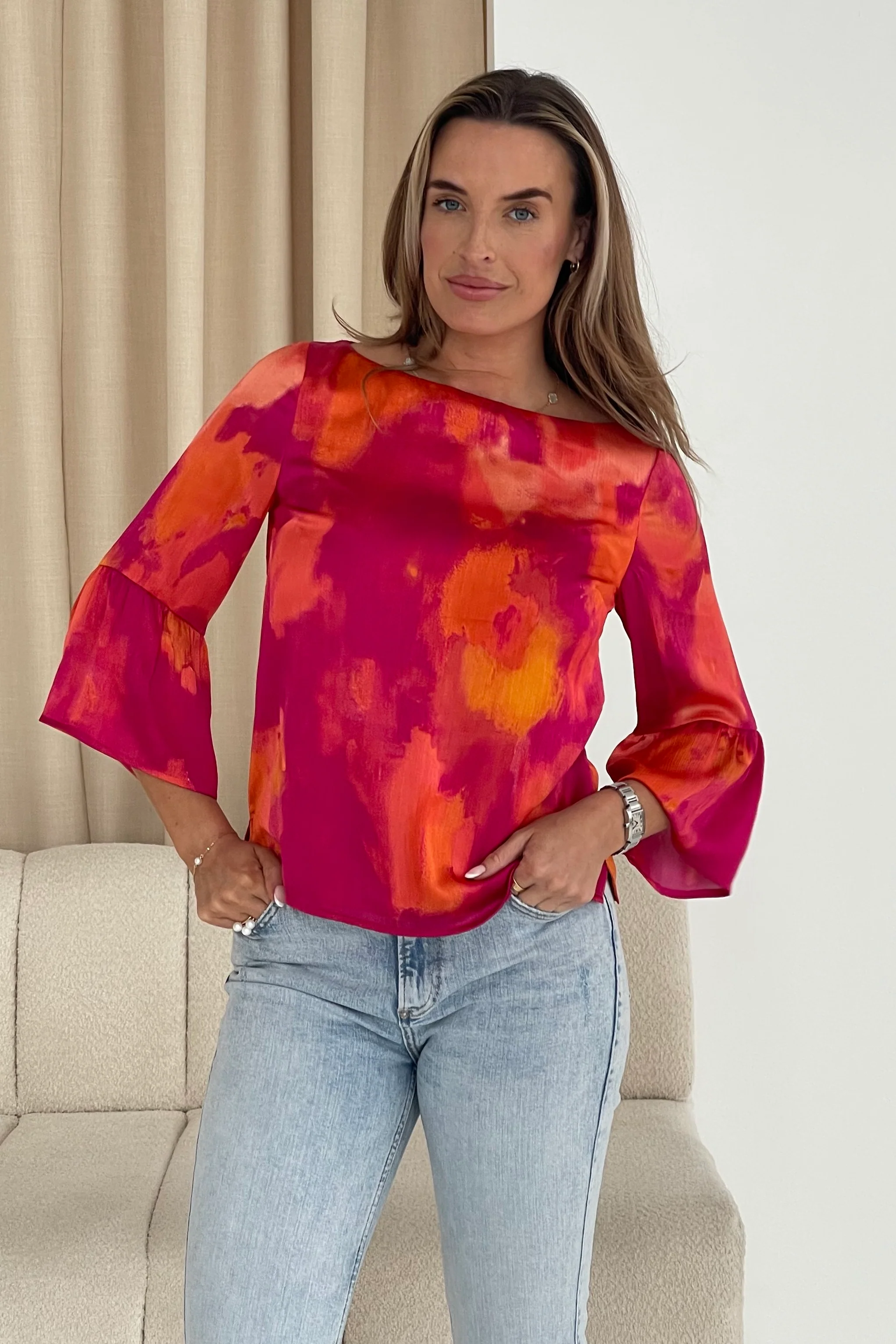 Deborah Frill Sleeve Round Neck Blouse Red - Image 4