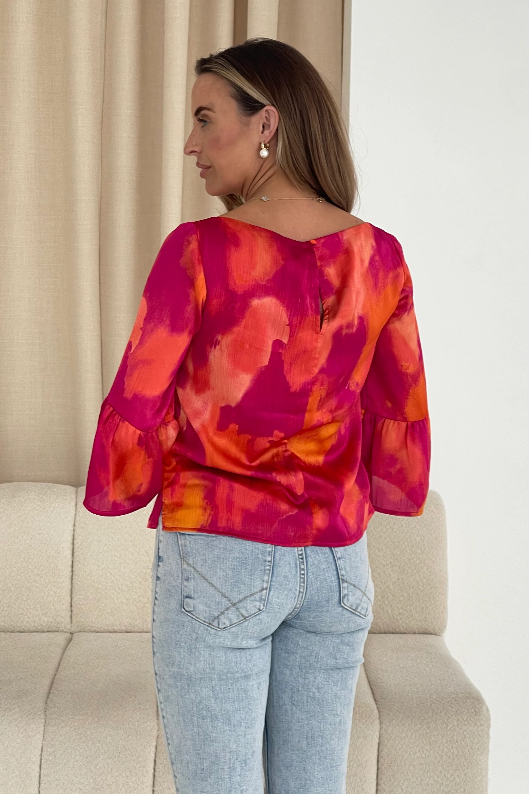 Deborah Frill Sleeve Round Neck Blouse Red - Image 6