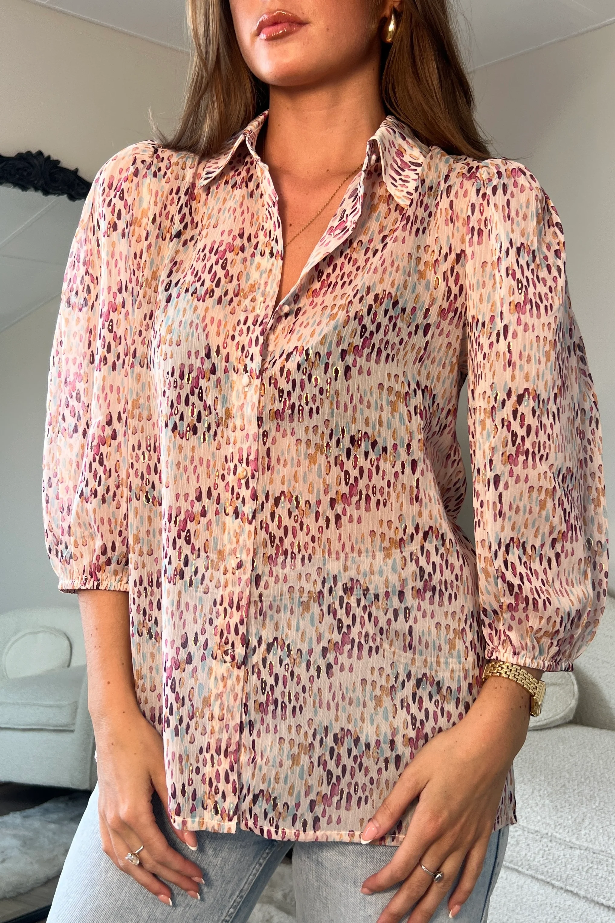 Jax Blush Foil Print Puff Sleeve Shirt - Image 2