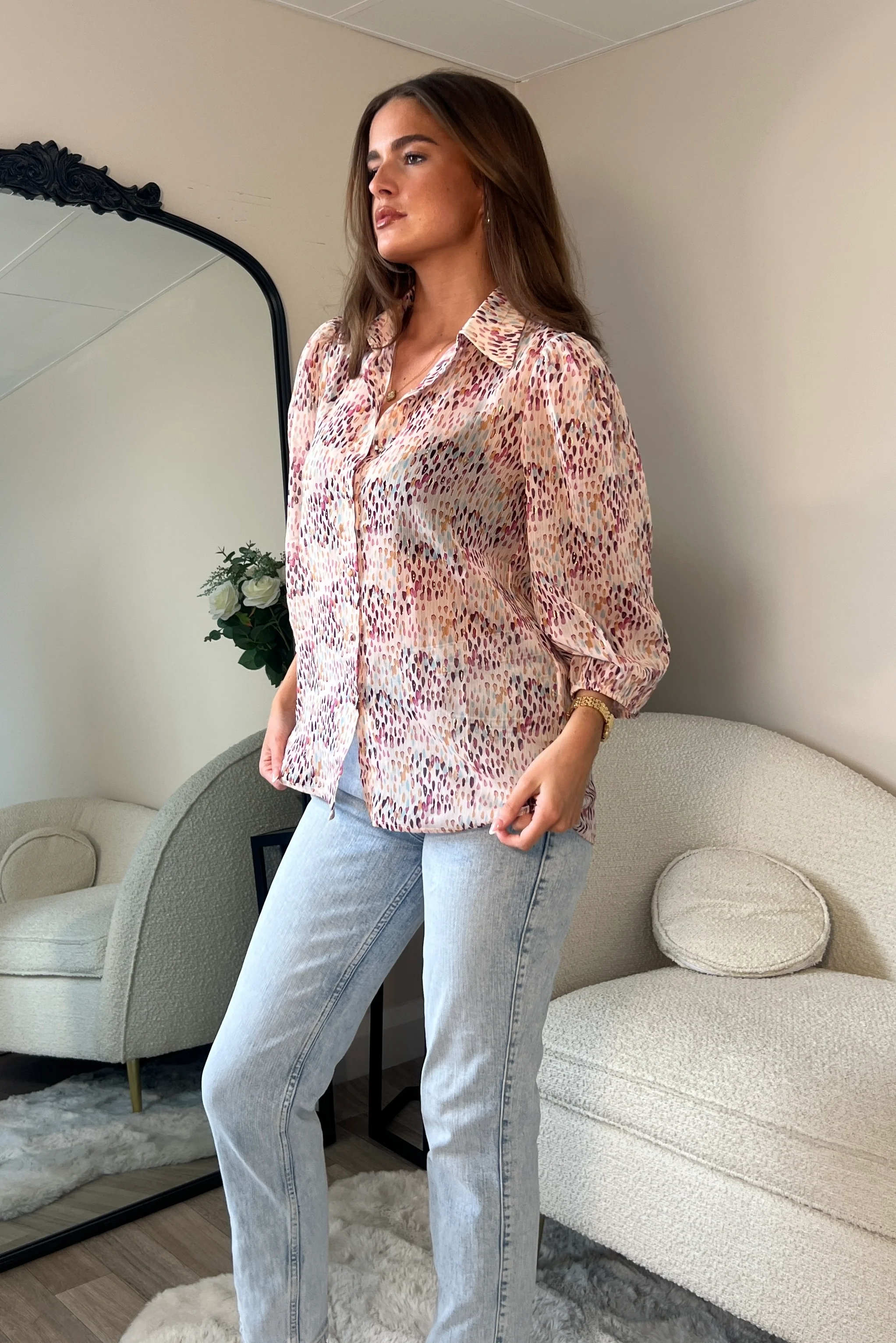 Jax Blush Foil Print Puff Sleeve Shirt - Image 4
