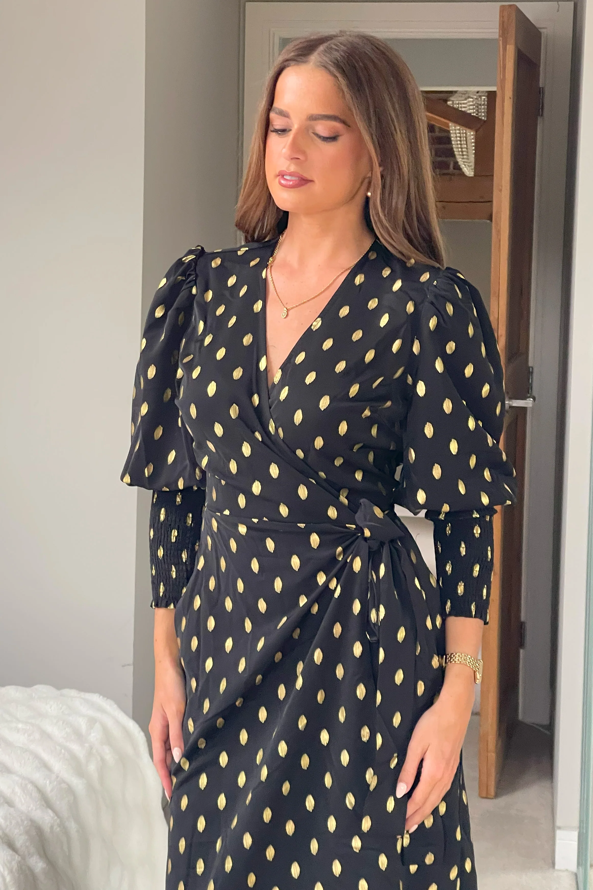 Devina Shirred Cuff Wrap Dress In Black And Gold Foil - Image 2