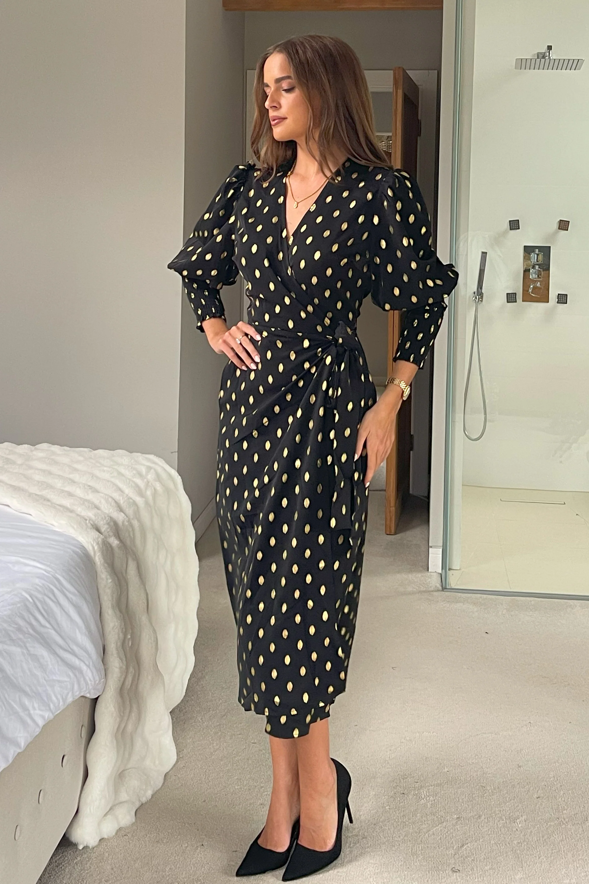 Devina Shirred Cuff Wrap Dress In Black And Gold Foil - Image 4