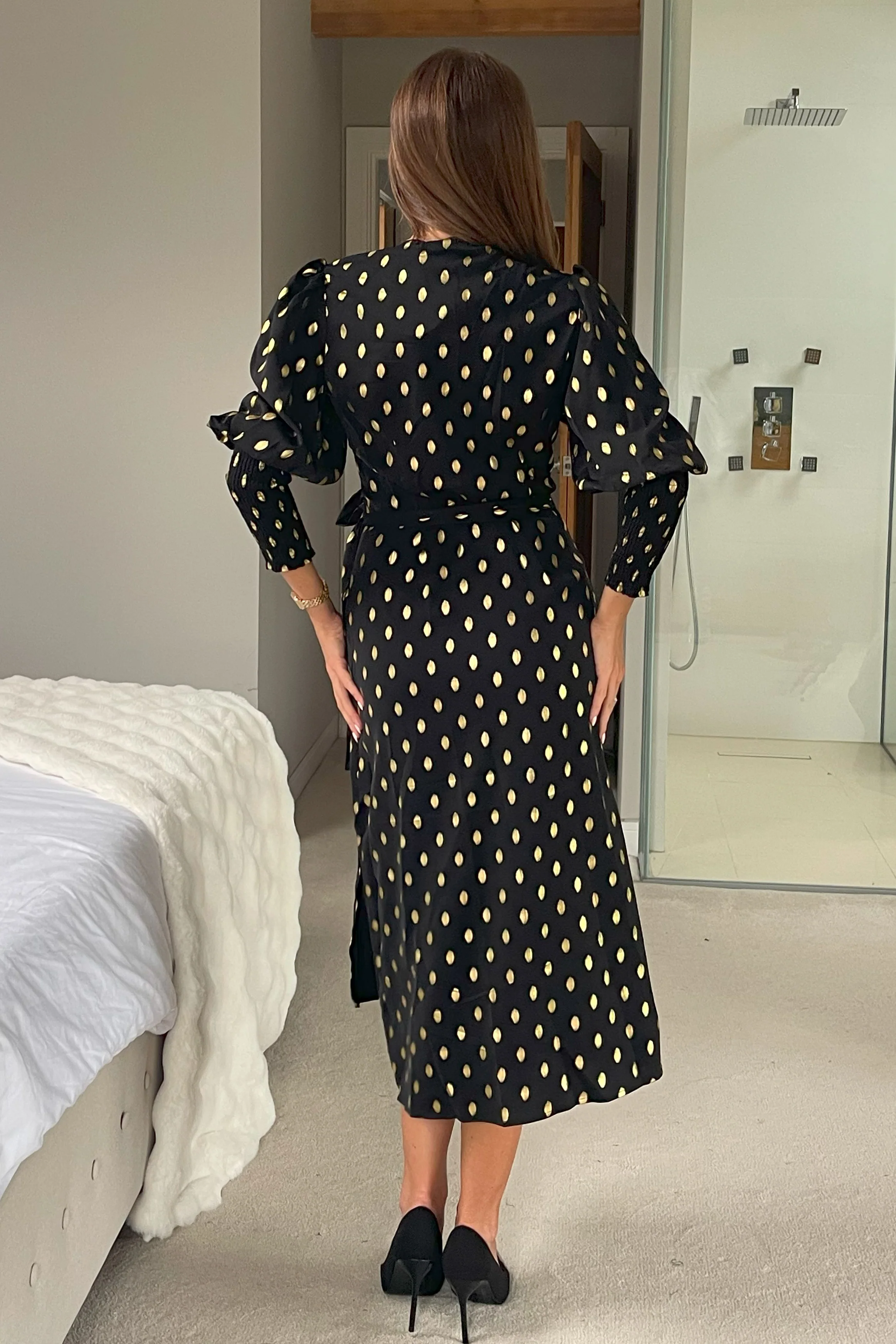 Devina Shirred Cuff Wrap Dress In Black And Gold Foil - Image 5