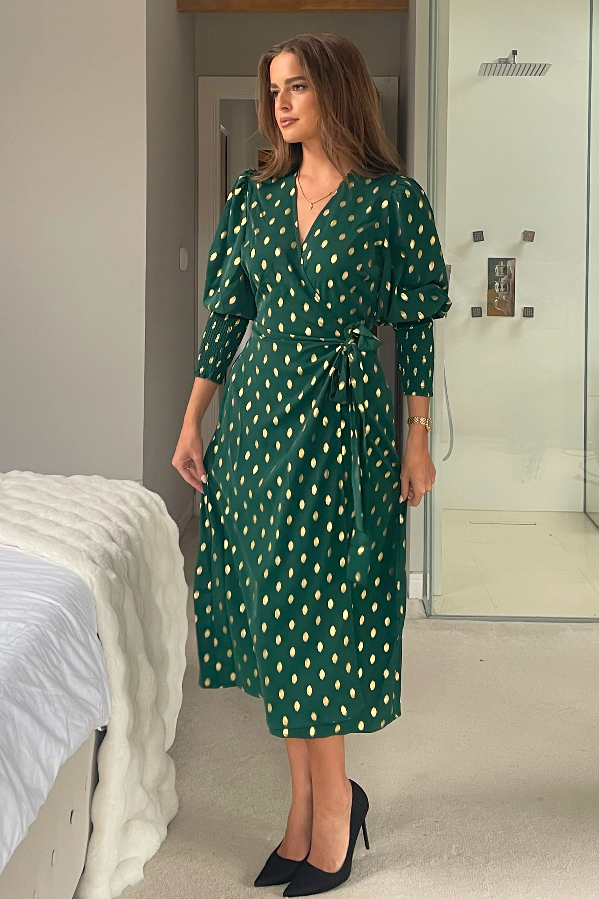 Devina Shirred Cuff Wrap Dress in Green And Gold Foil - Image 3