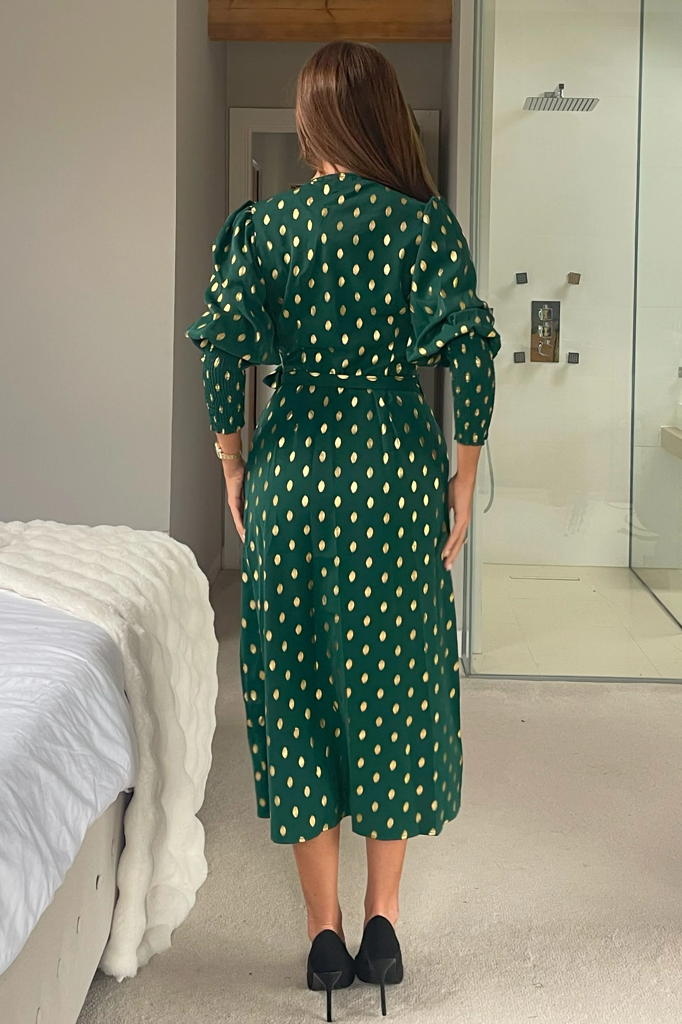 Devina Shirred Cuff Wrap Dress in Green And Gold Foil - Image 4