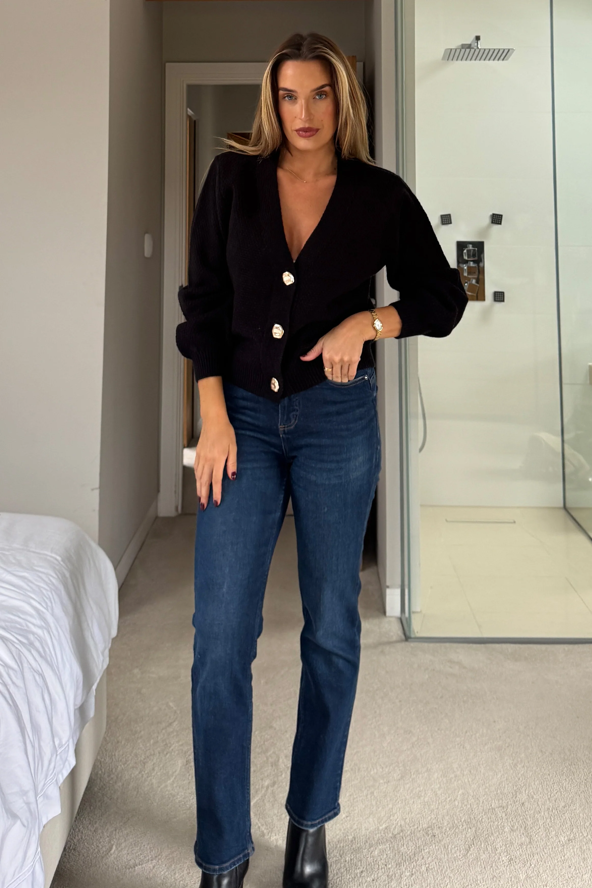 Dominique V Neck Gold Button Cardigan Black - Image 3