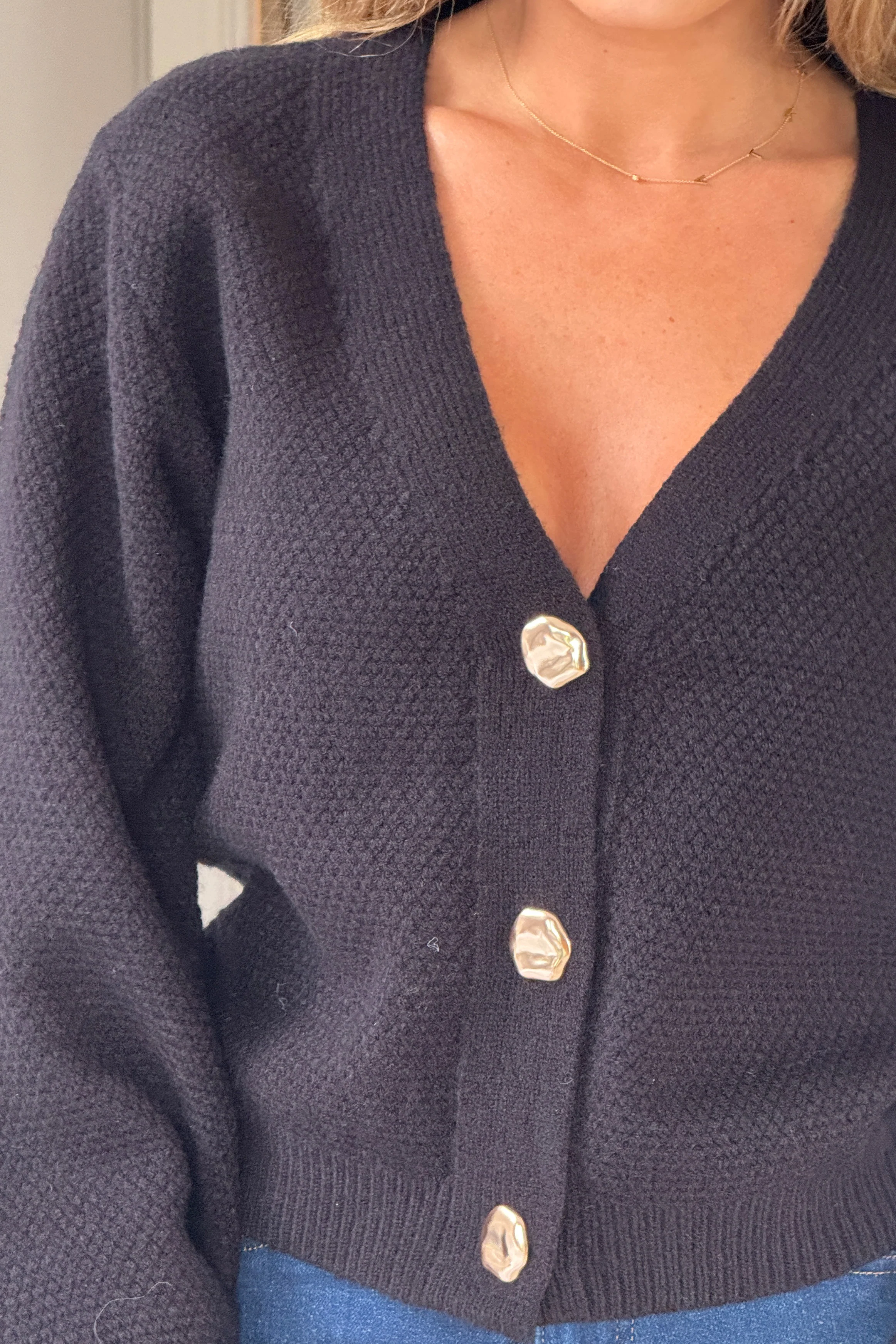 Dominique V Neck Gold Button Cardigan Black - Image 4