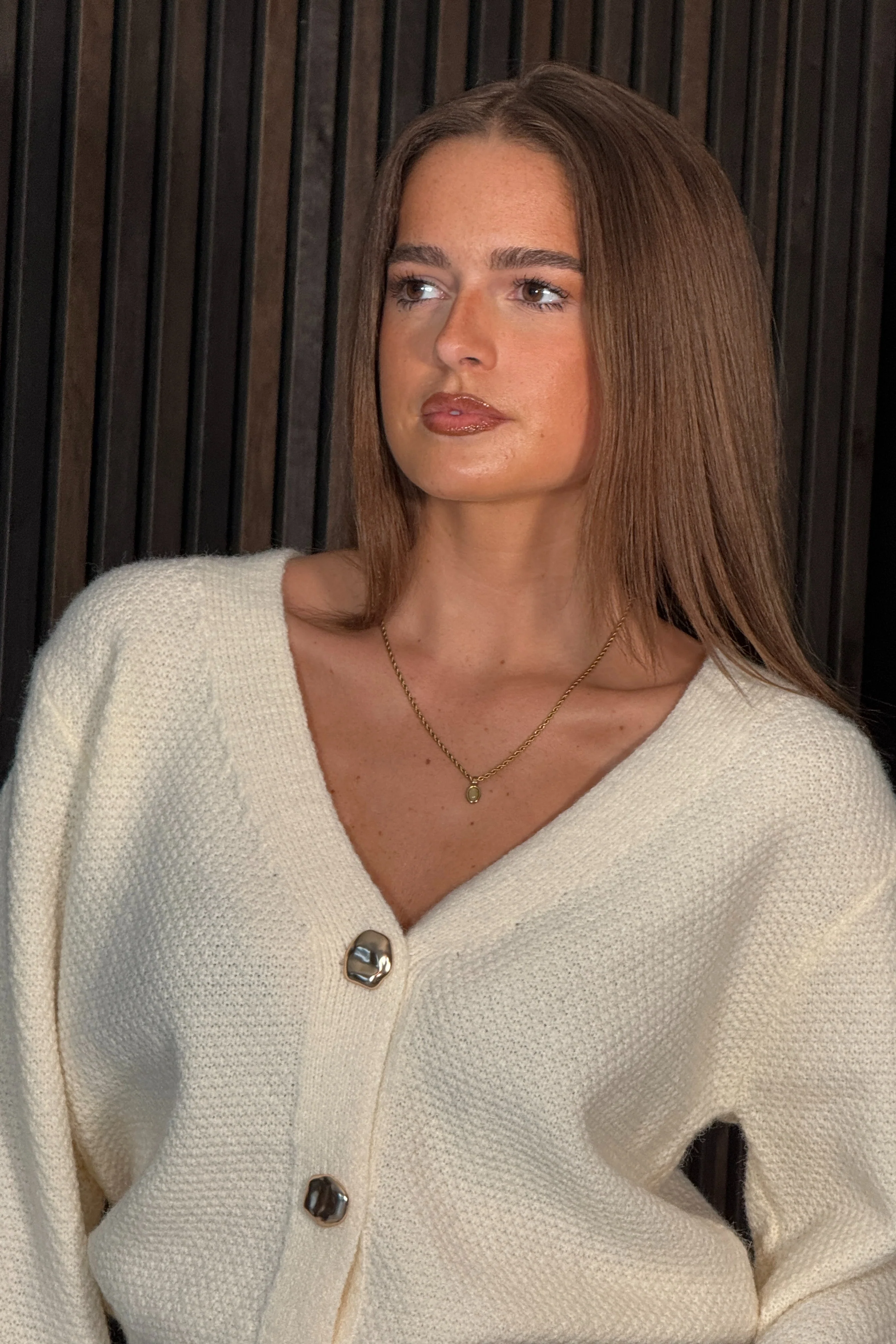 Dominique V Neck Gold Button Cardigan Cream - Image 4