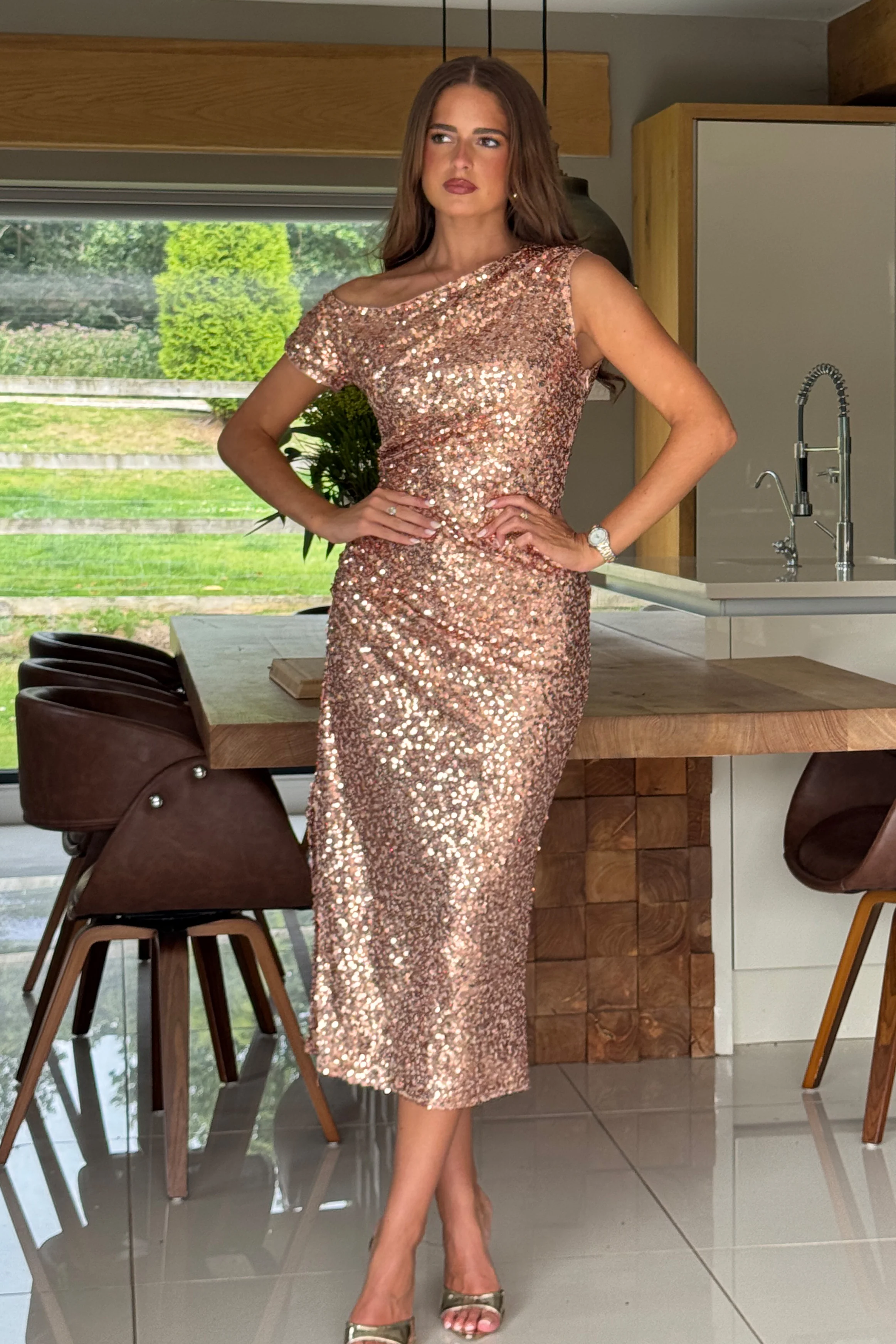 Donna Asymmetric Gold Sequin Maxi Dress - Image 3