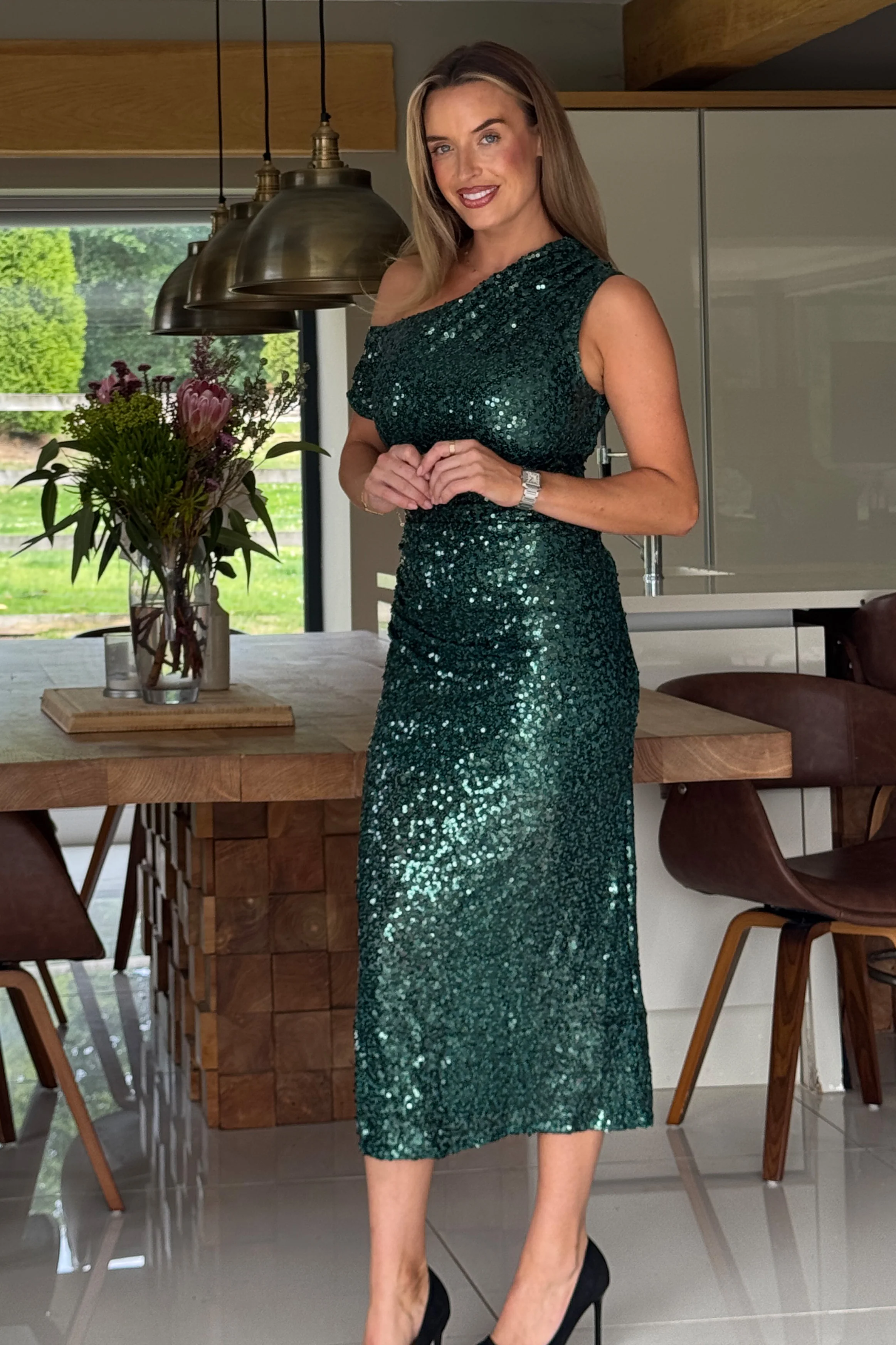 Donna Asymmetric Green Sequin Maxi Dress - Image 3