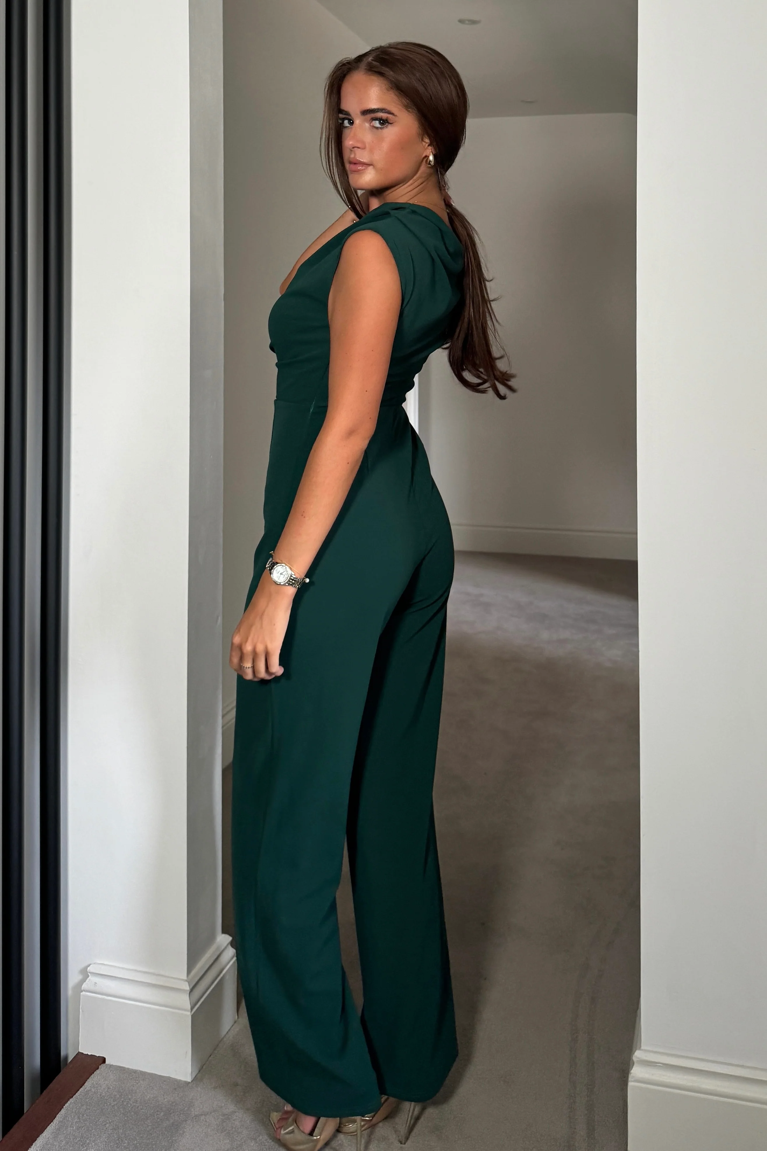 Donna Asymmetric Neckline Emerald Jumpsuit - Image 4