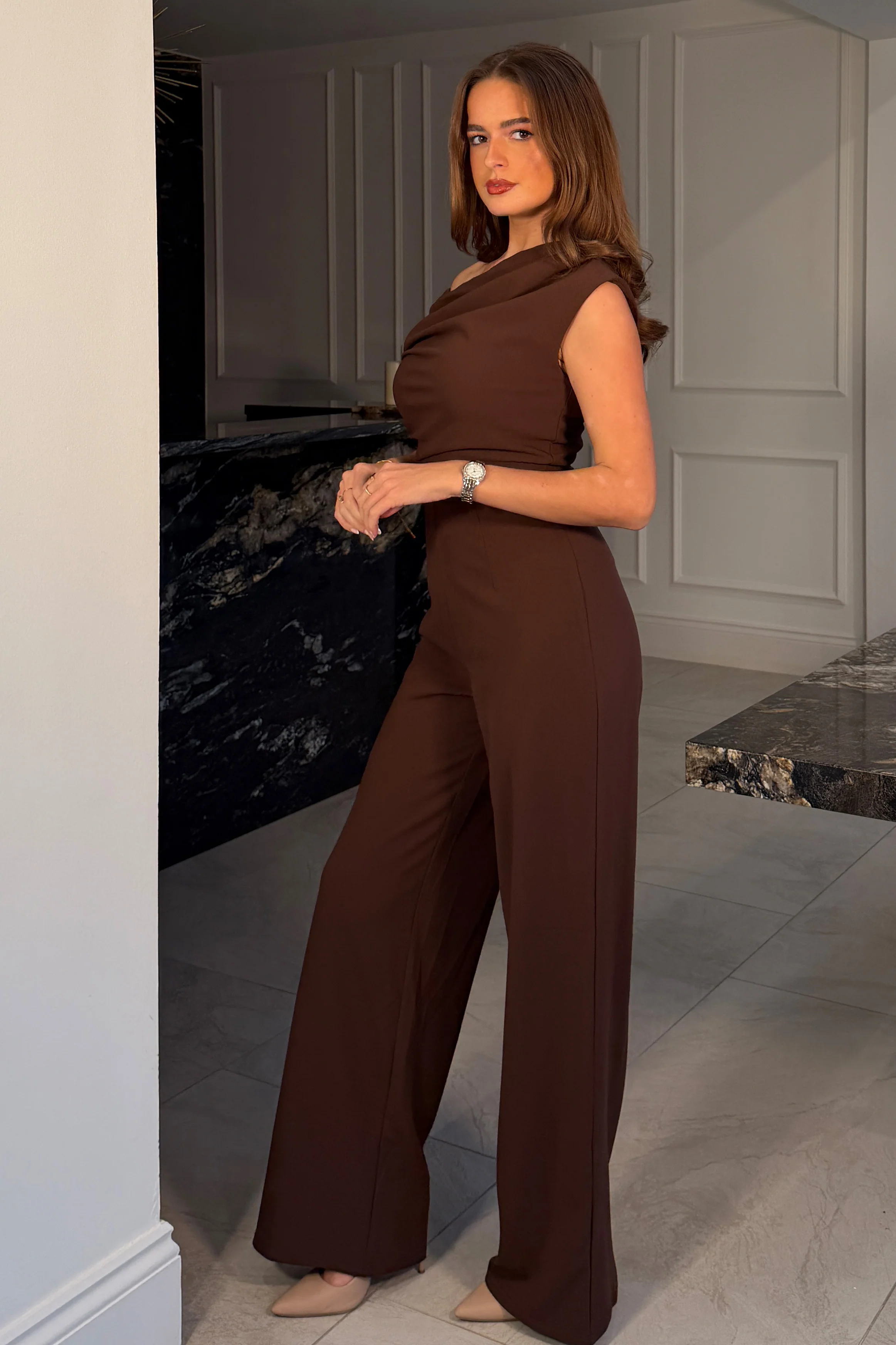 Donna Asymmetric Neckline Jumpsuit  Brown - Image 3