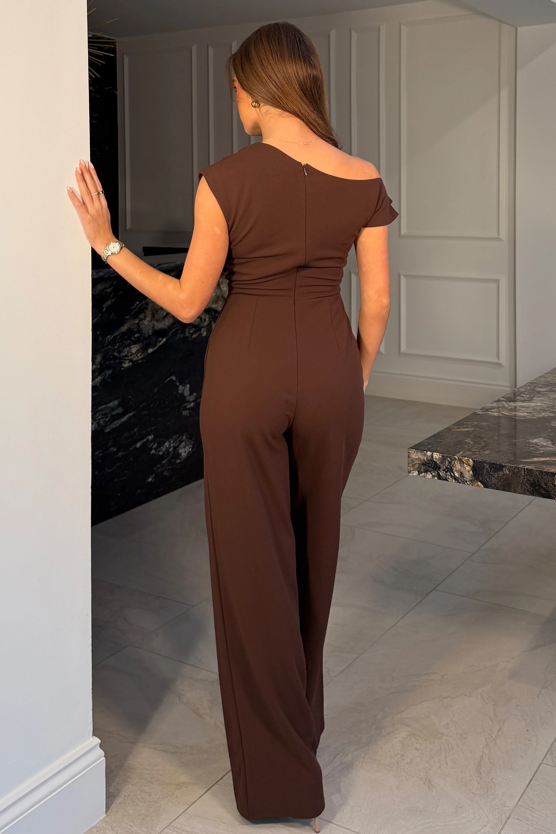 Donna Asymmetric Neckline Jumpsuit  Brown - Image 4