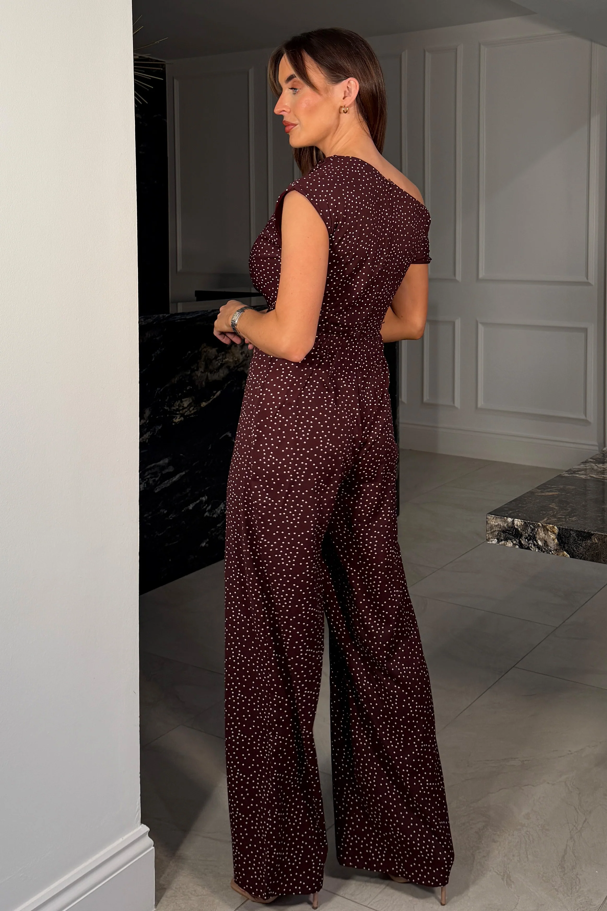 Donna Asymmetric Neckline Jumpsuit Brown Spot - Image 4
