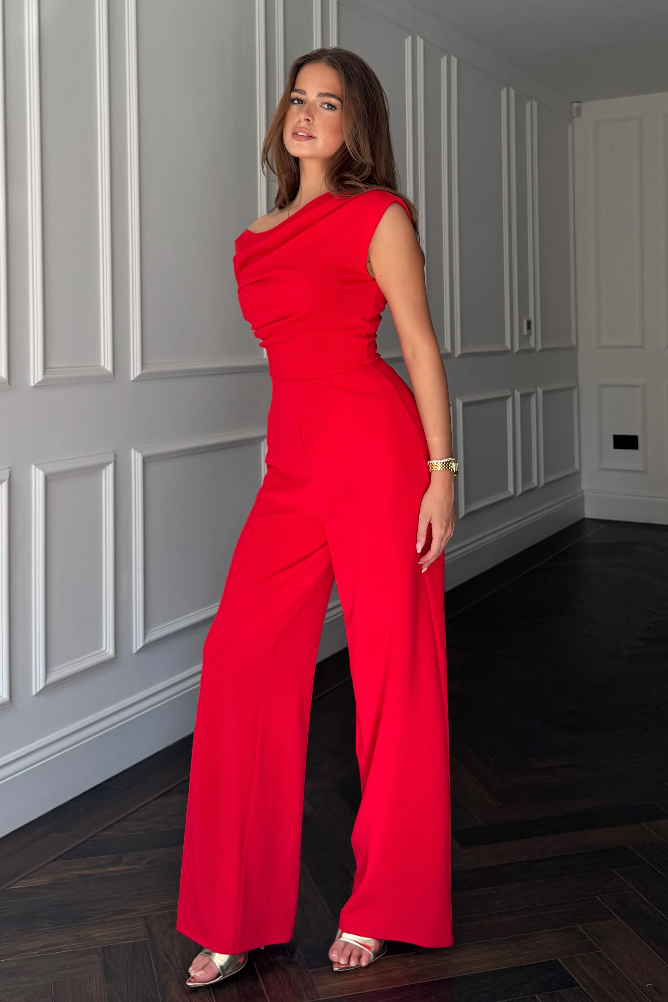 Donna Asymmetric Neckline Jumpsuit Red - Image 3