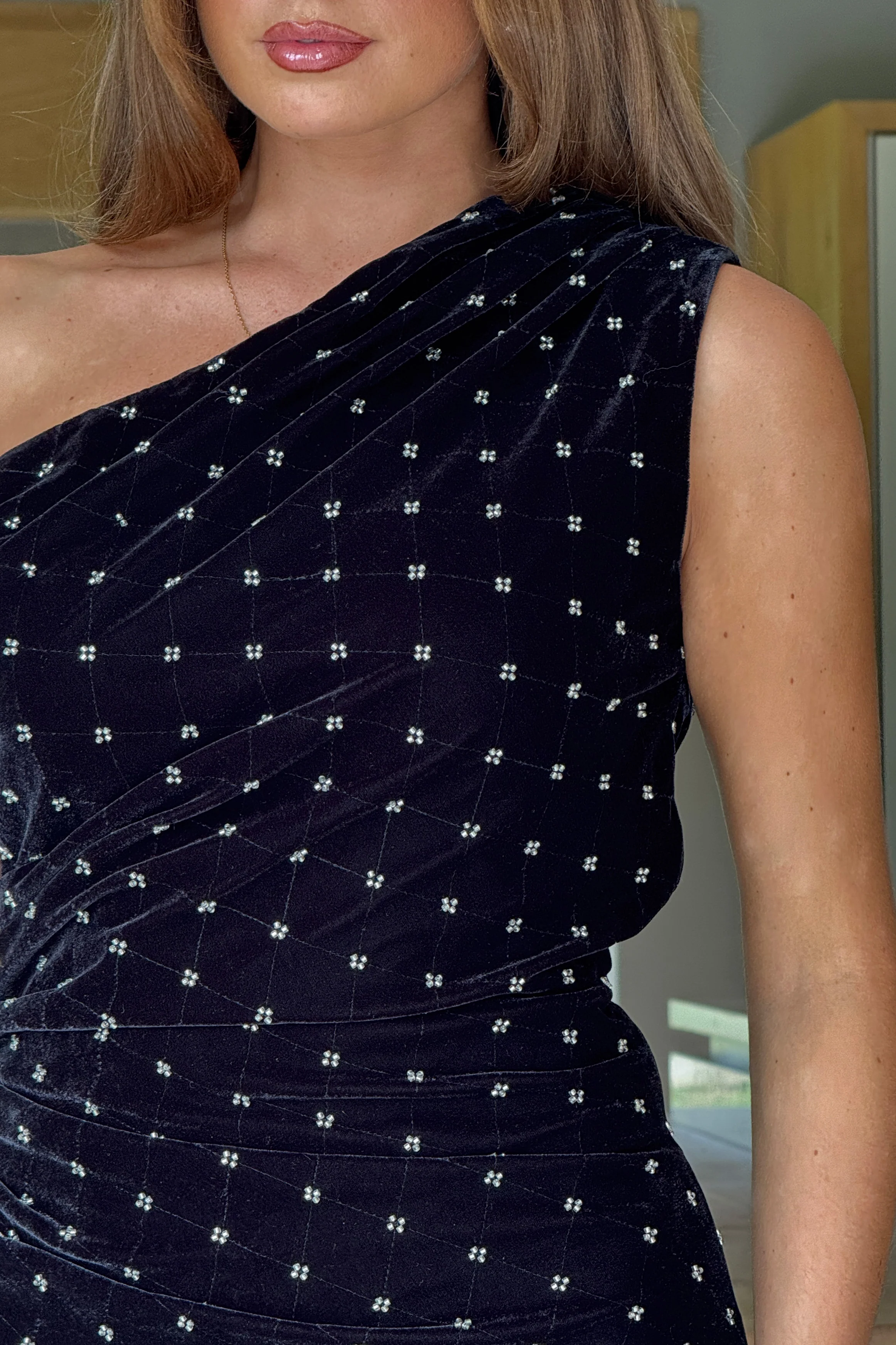 Donna Asymmetric Neckline Midi Dress Beaded Velvet - Image 2