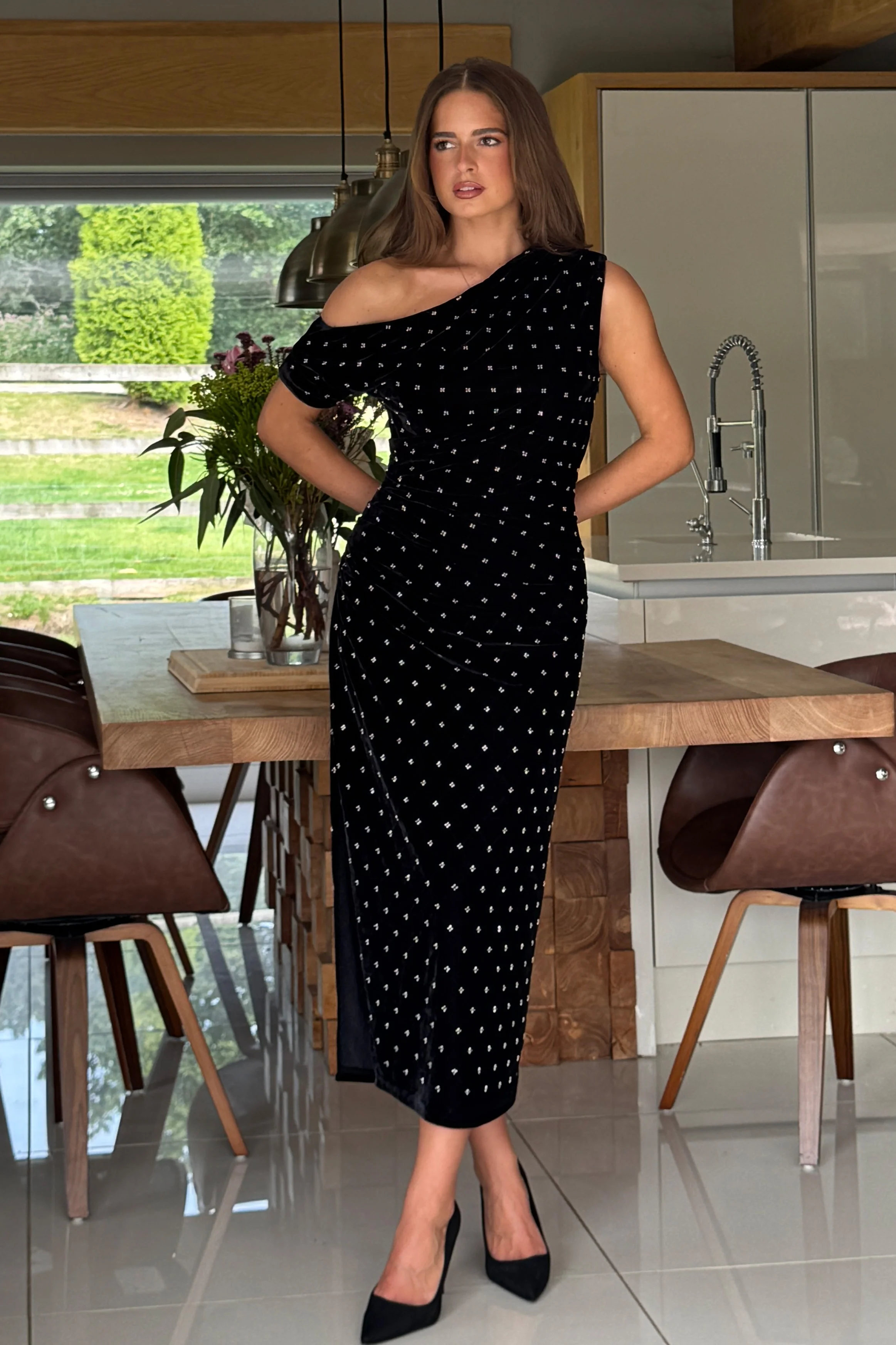 Donna Asymmetric Neckline Midi Dress Beaded Velvet - Image 4