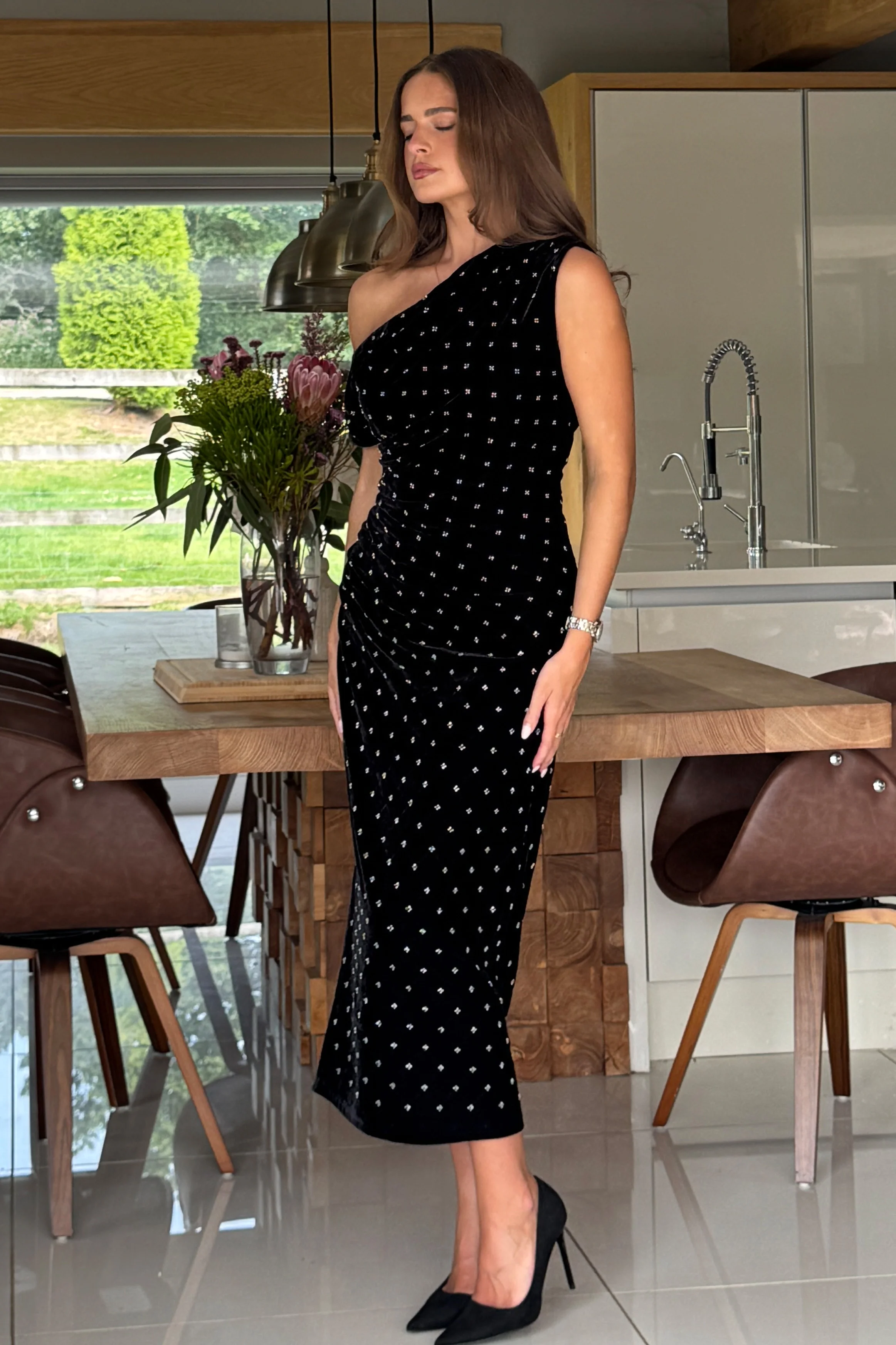 Donna Asymmetric Neckline Midi Dress Beaded Velvet - Image 5