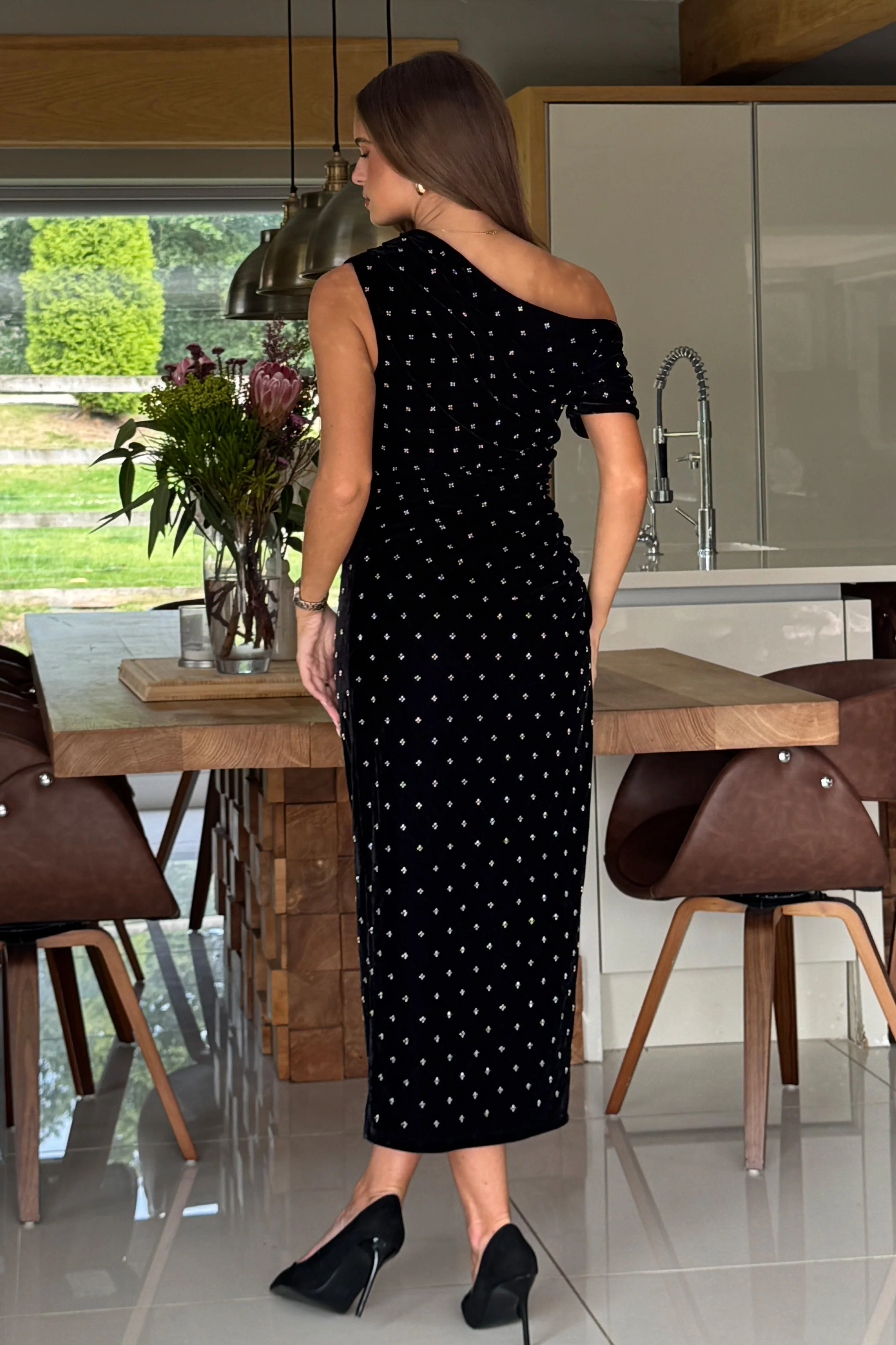 Donna Asymmetric Neckline Midi Dress Beaded Velvet - Image 6