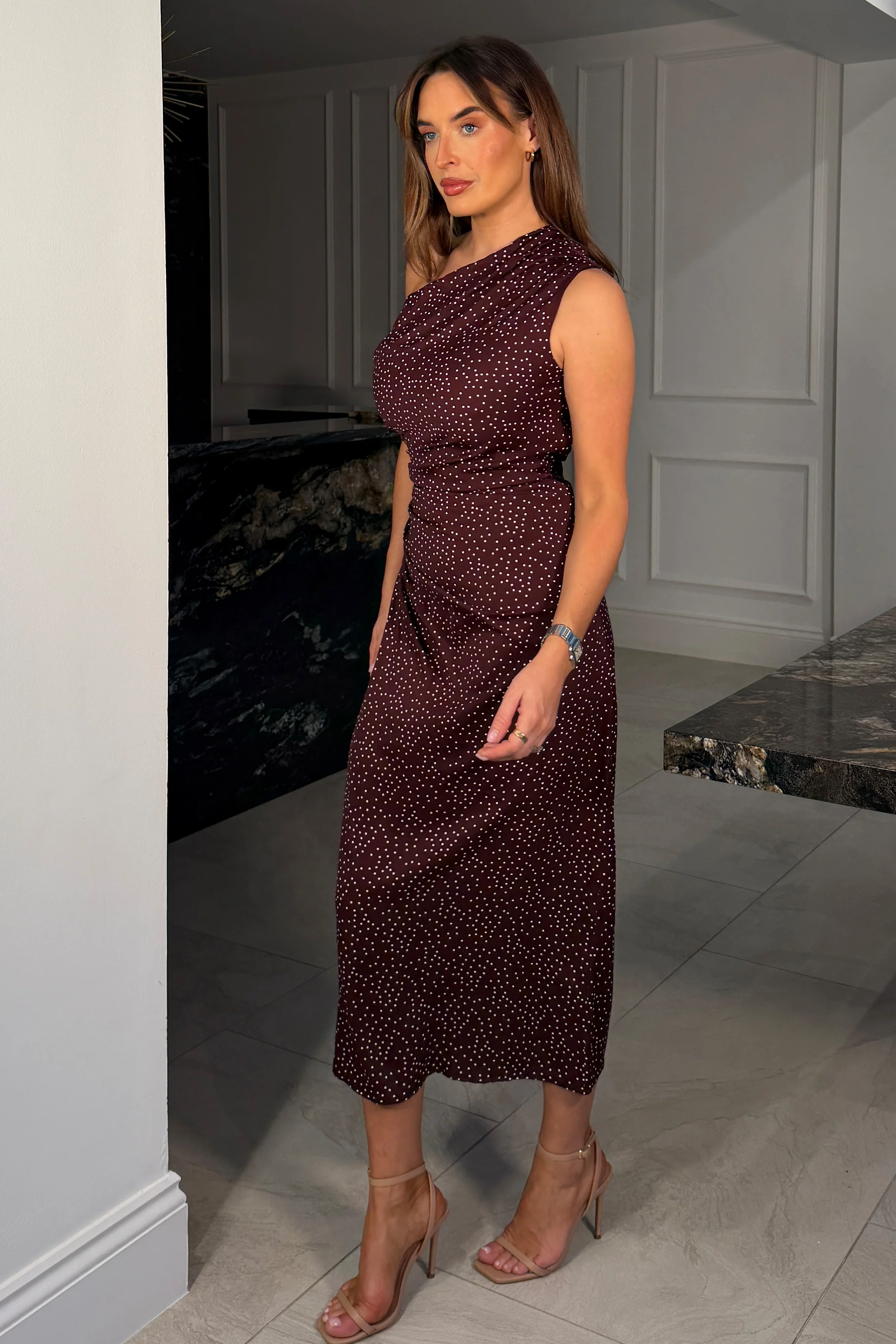 Donna Asymmetric Neckline Midi Dress Brown Spot - Image 4