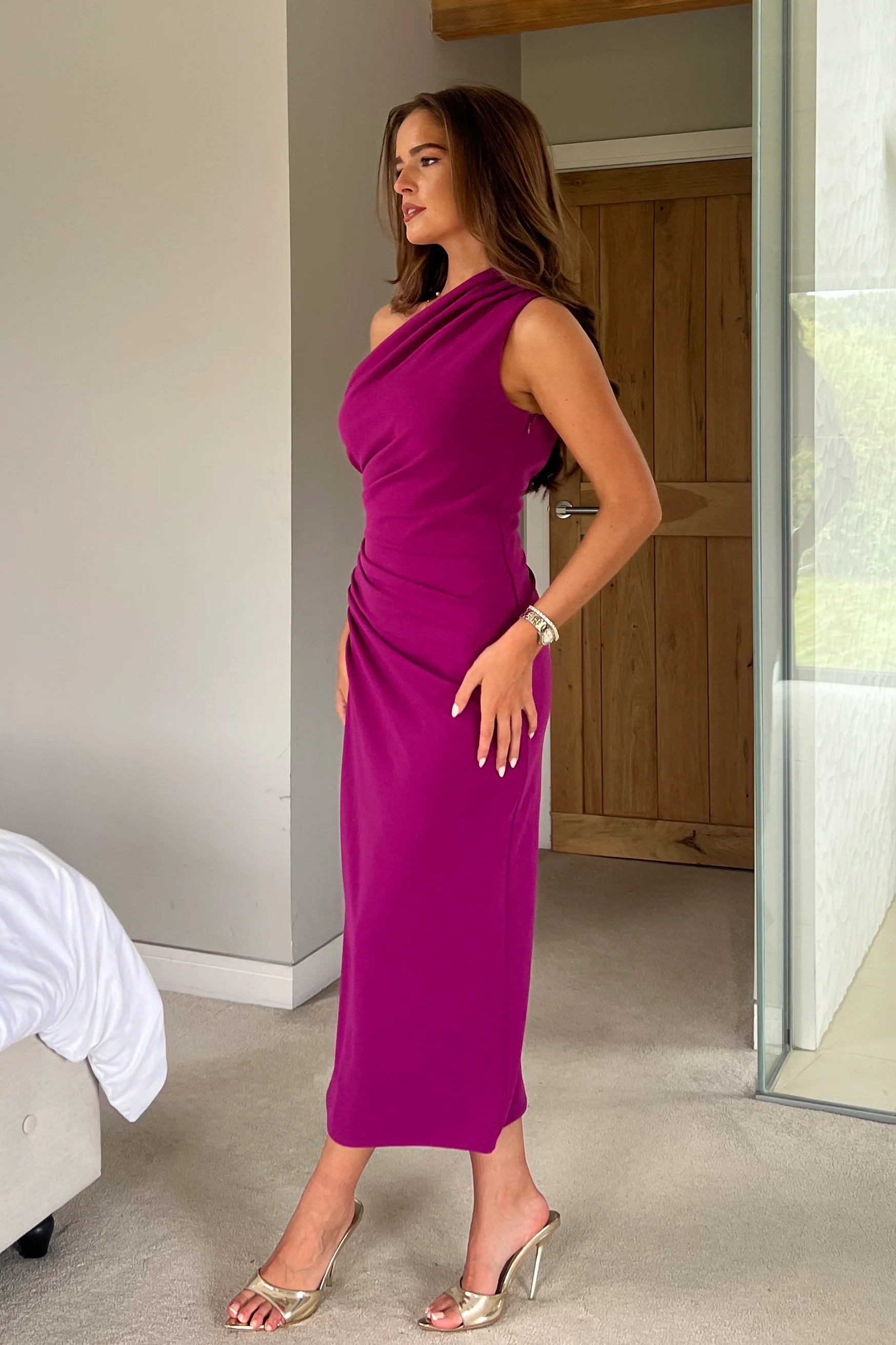 Donna Asymmetric Neckline Midi Dress Dark Fuchsia - Image 3