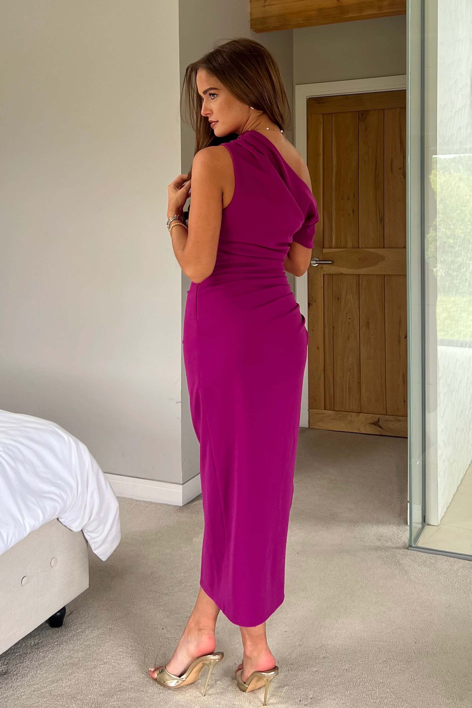 Donna Asymmetric Neckline Midi Dress Dark Fuchsia - Image 5
