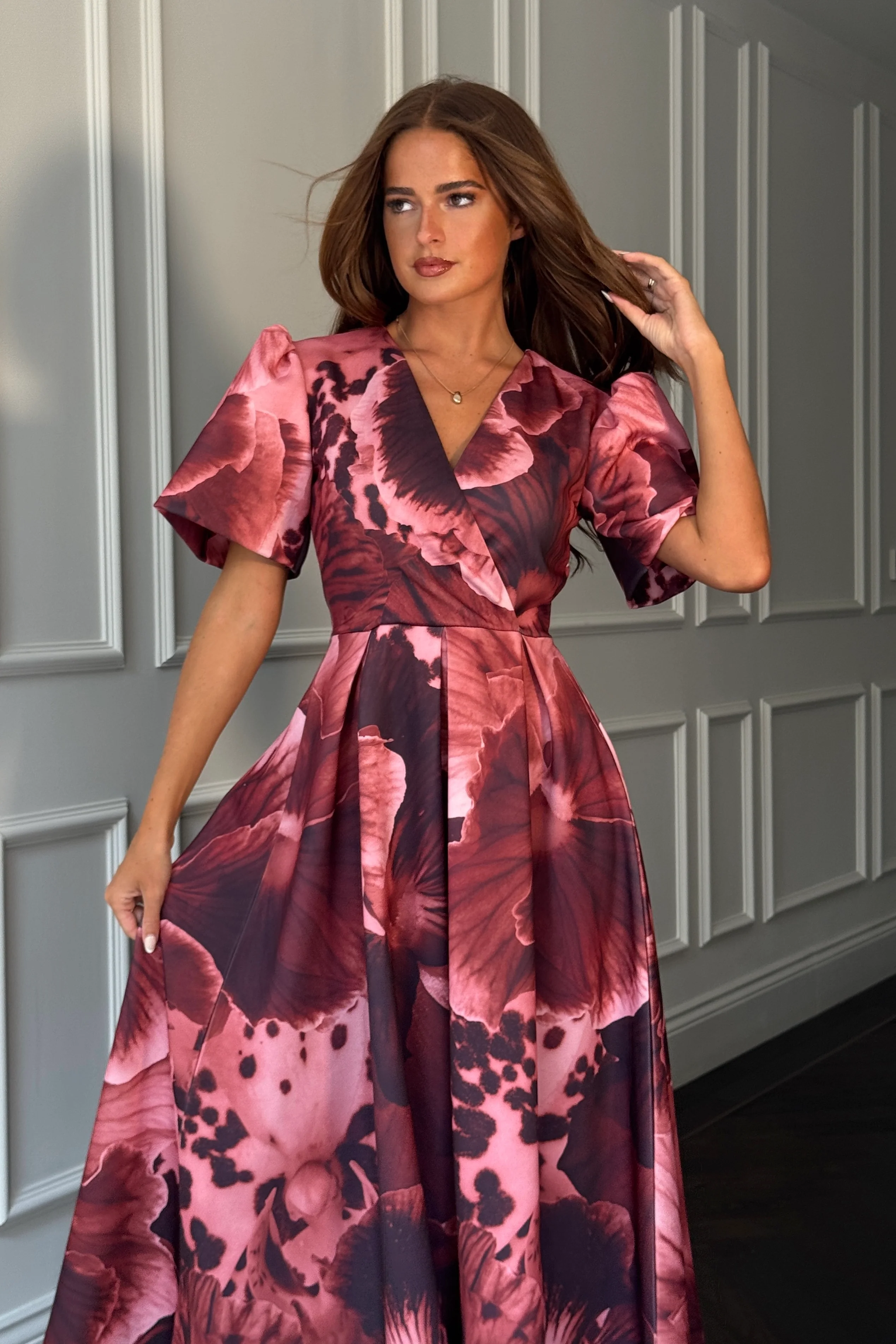 Dora Wrap Front Puff Sleeve Midi Wine Floral - Image 2
