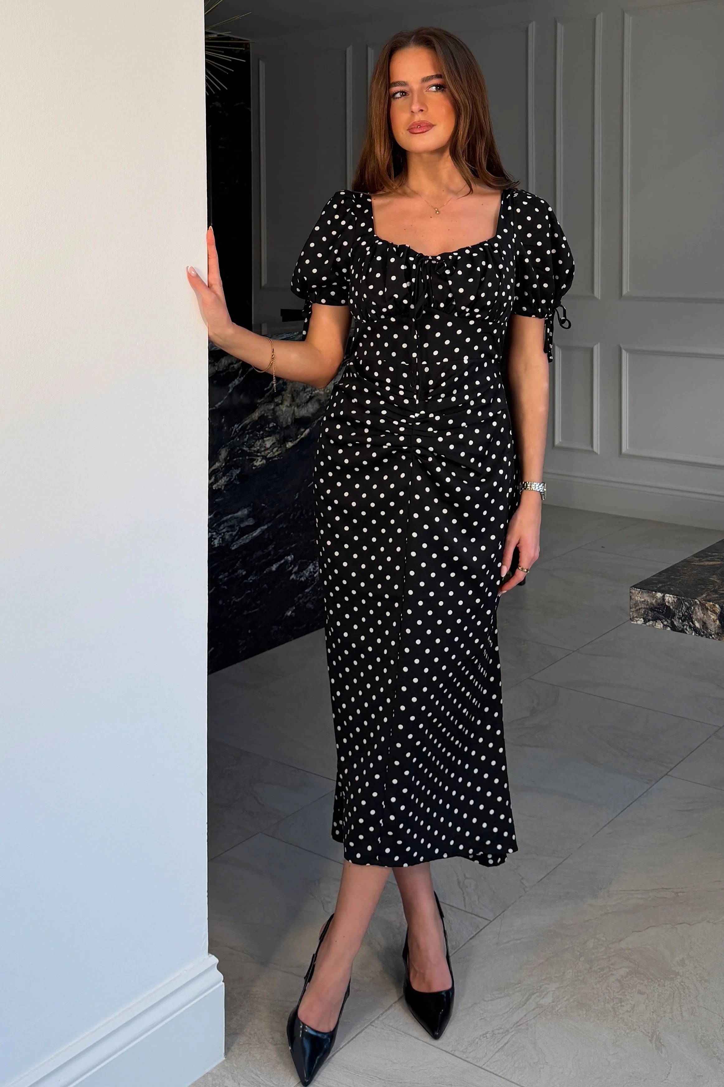 Dove Ruched Detail Midi Dress In Black Spot