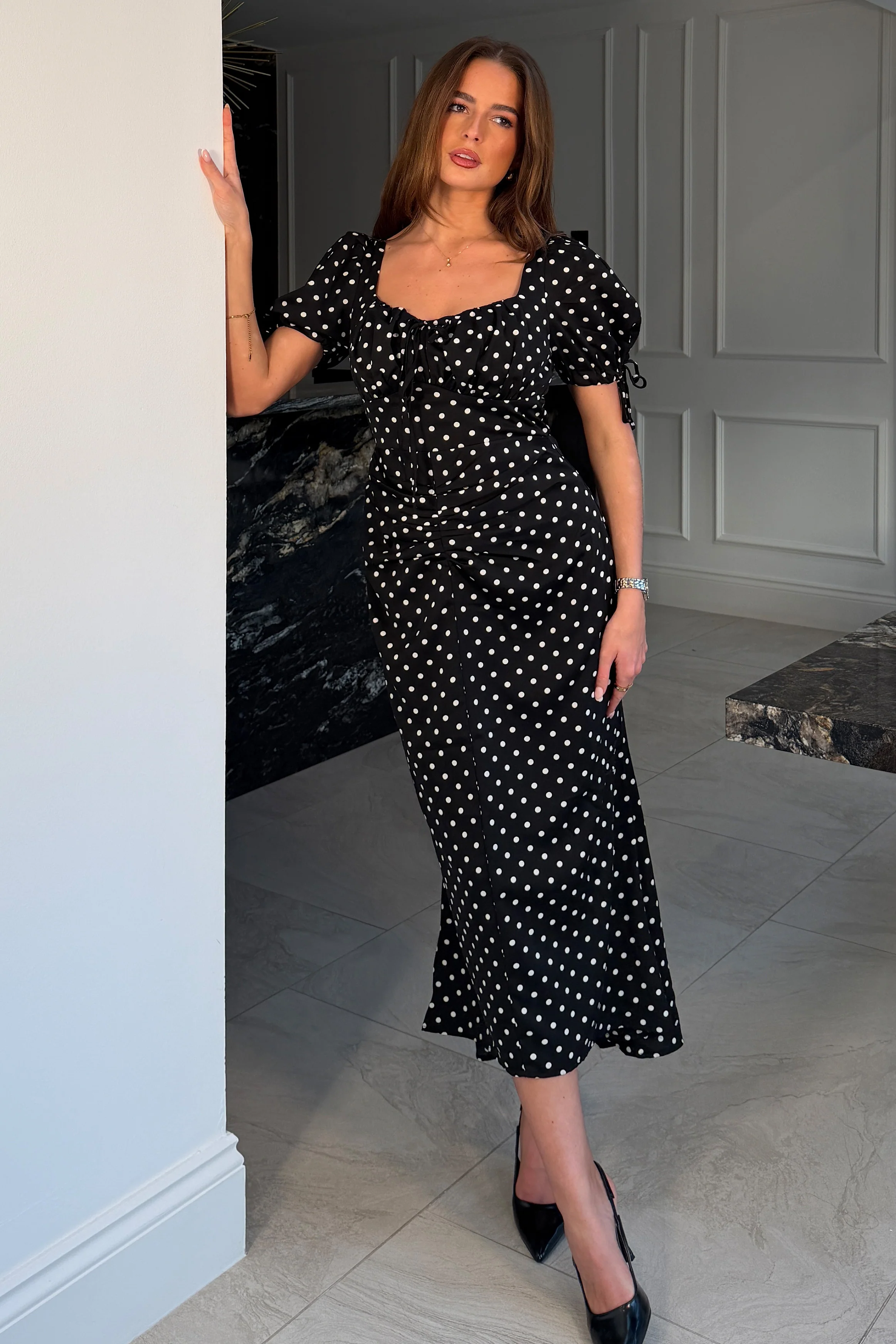 Dove Ruched Detail Midi Dress In Black Spot - Image 3