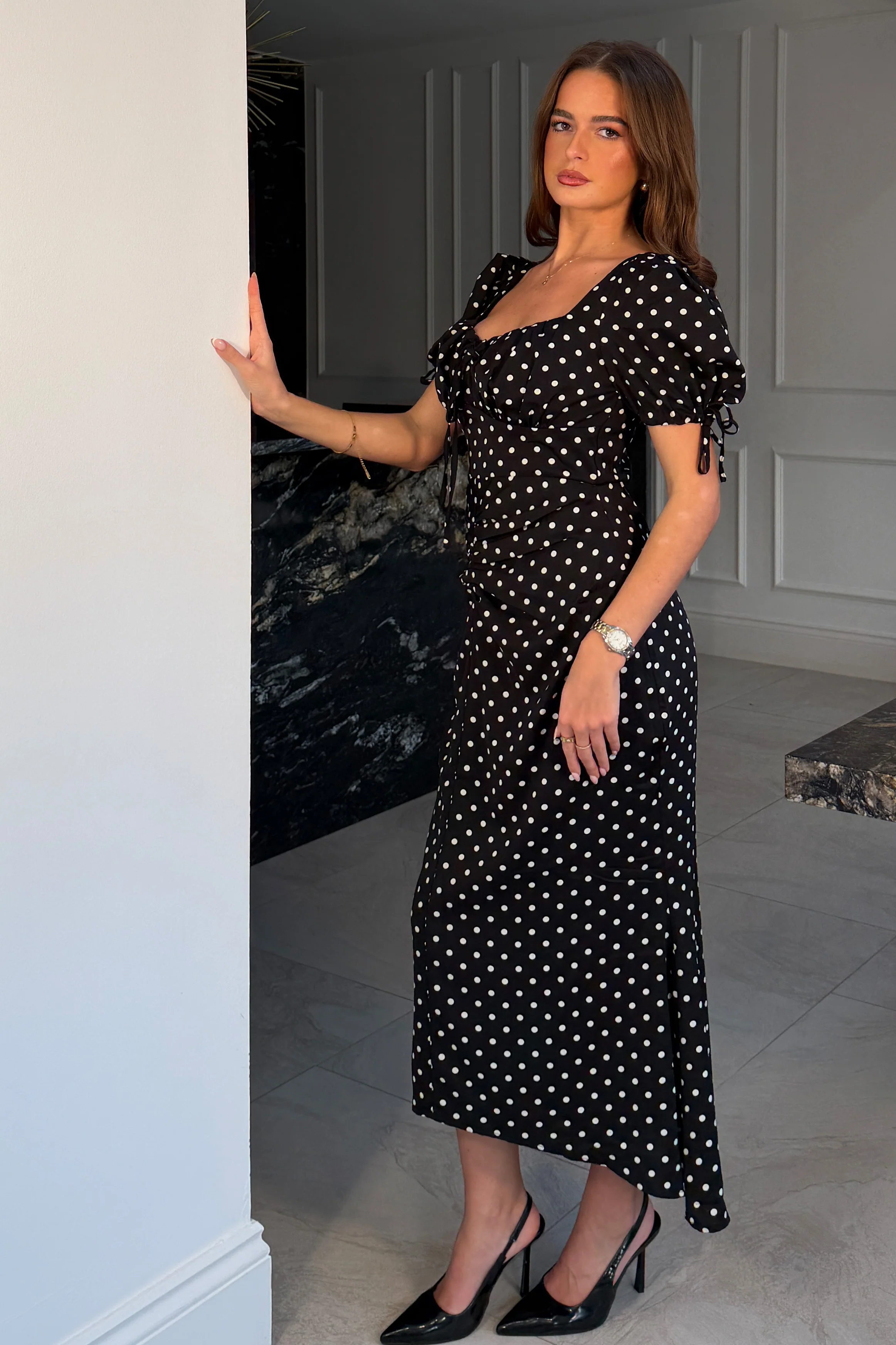Dove Ruched Detail Midi Dress In Black Spot - Image 4