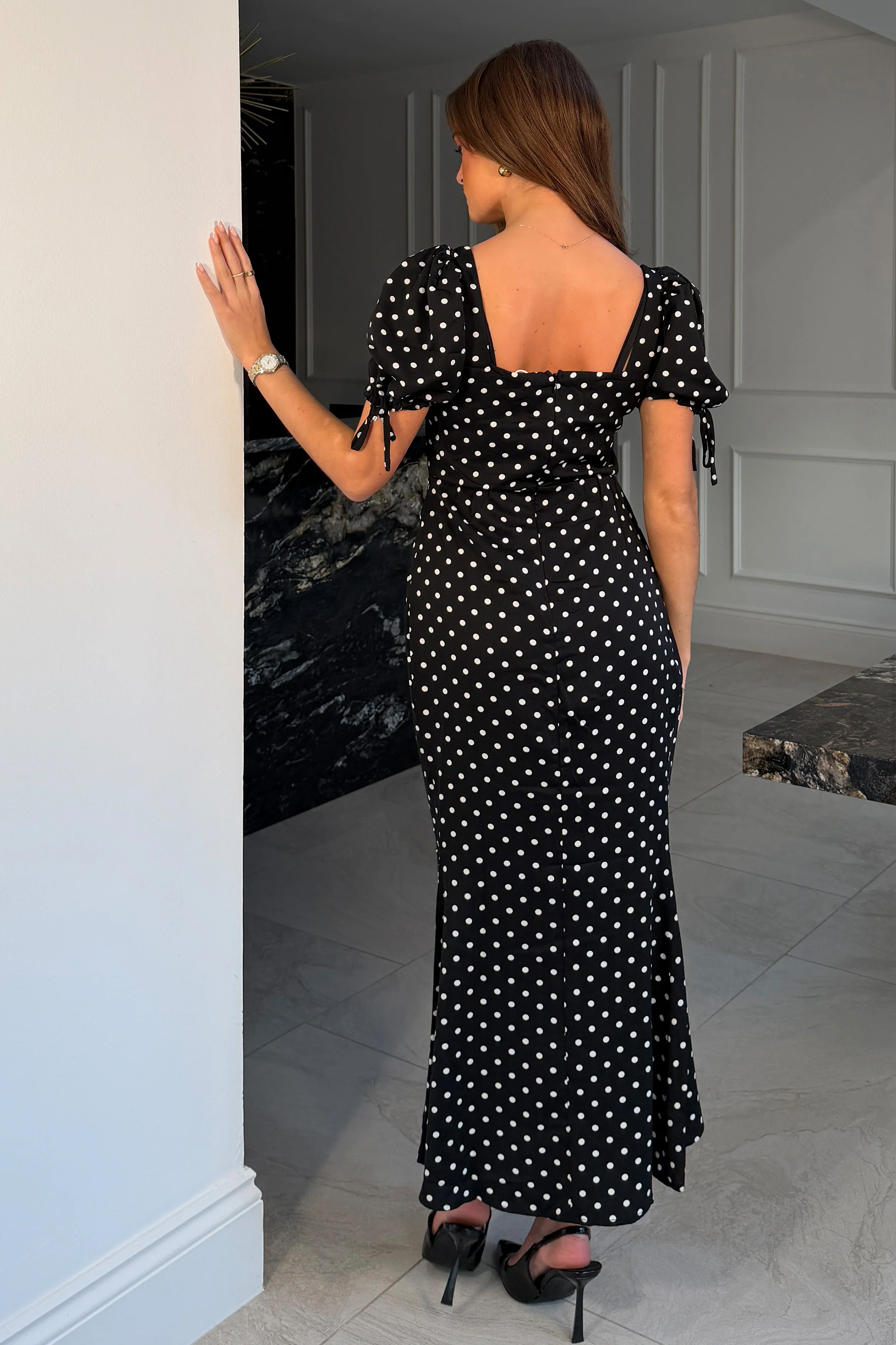 Dove Ruched Detail Midi Dress In Black Spot - Image 5