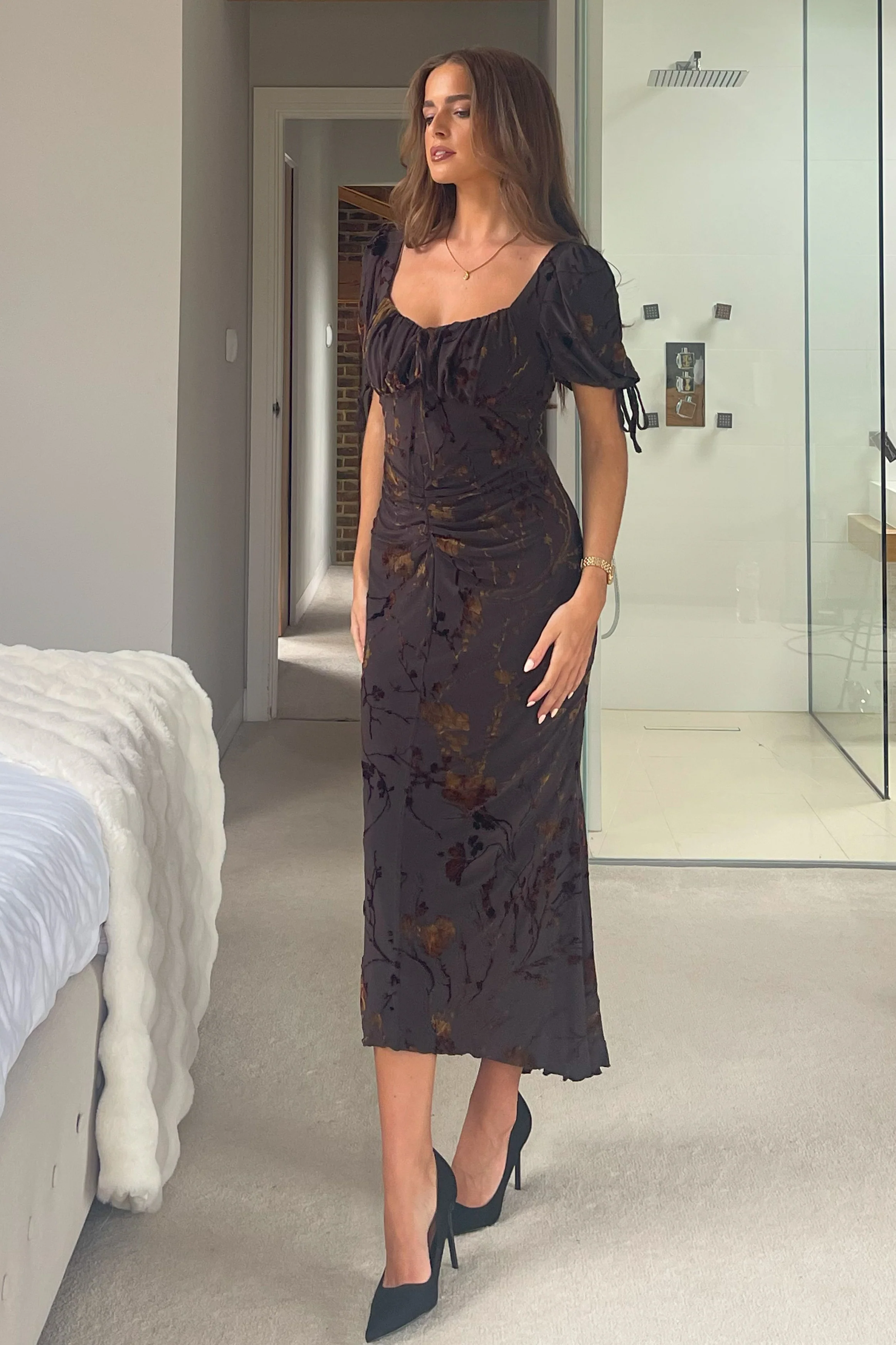 Dove Ruched Detail Midi Dress In Brown Floral - Image 5