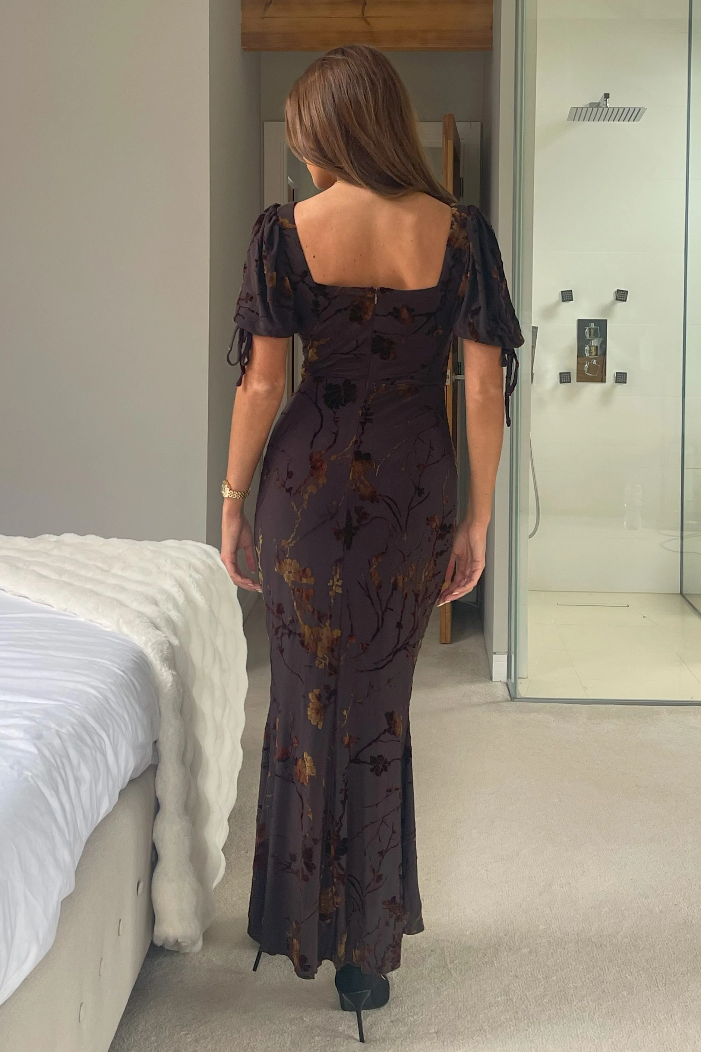 Dove Ruched Detail Midi Dress In Brown Floral - Image 6