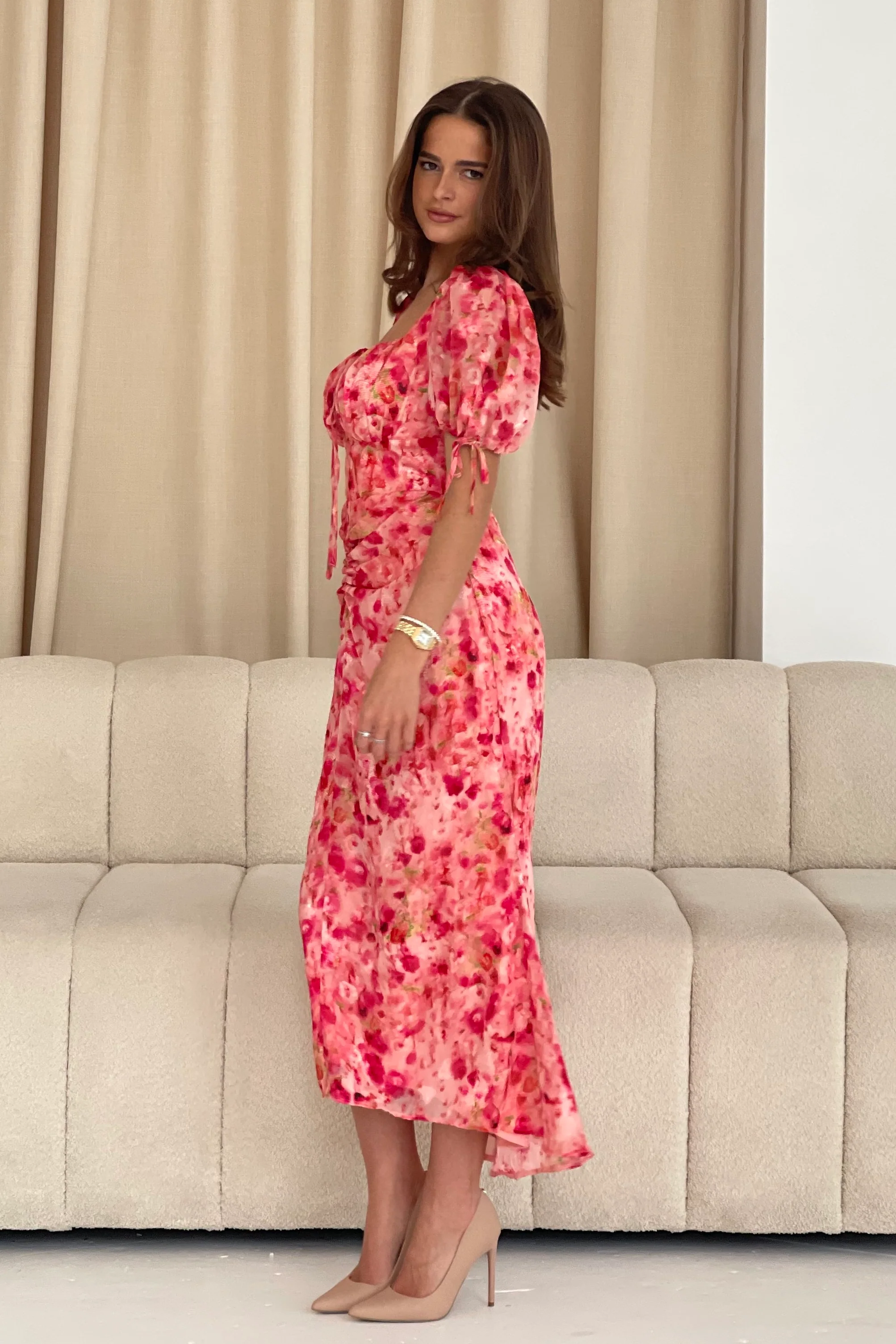 Dove Ruched Detail Midi Dress In Pink Burnout - Image 4