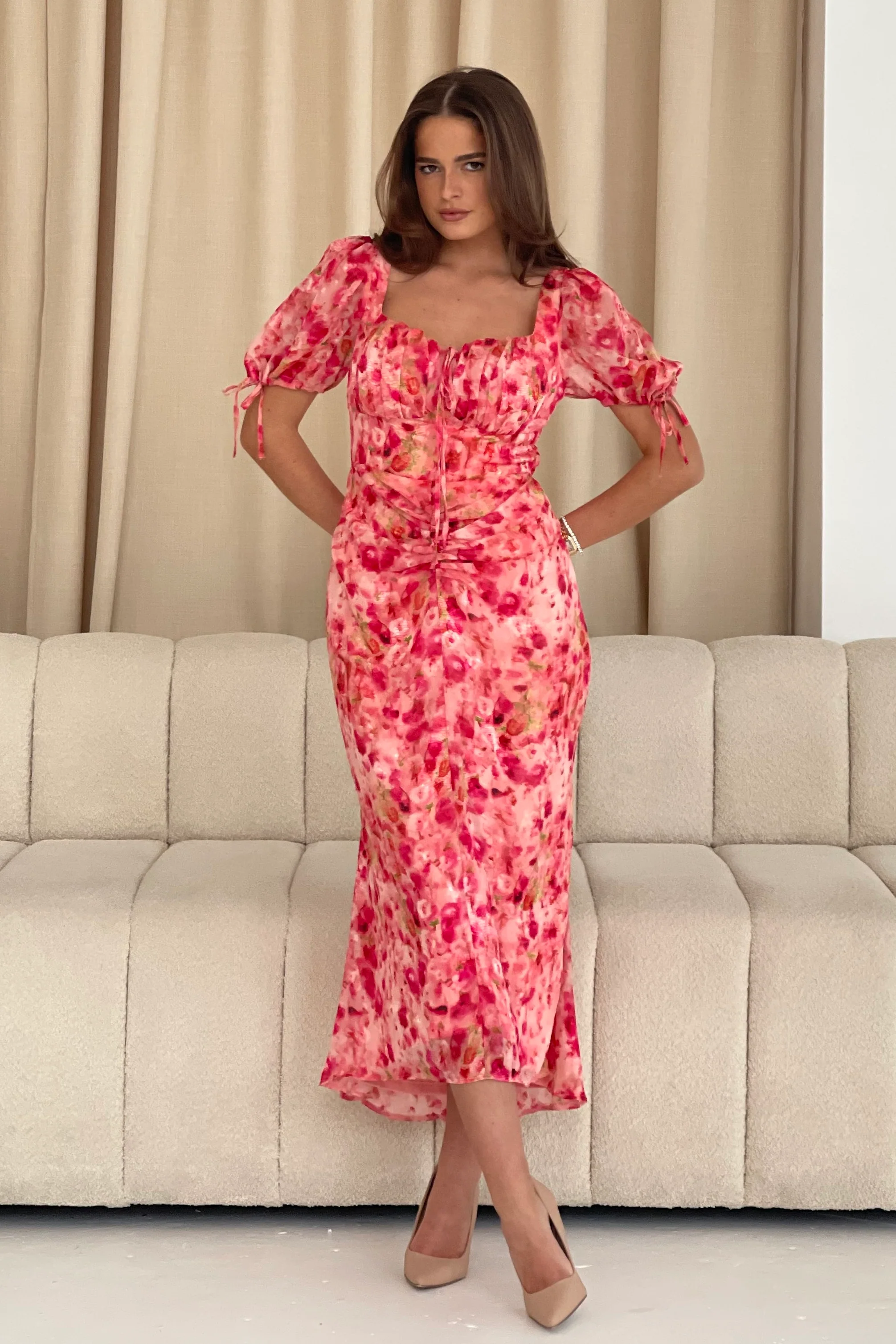 Dove Ruched Detail Midi Dress In Pink Burnout - Image 5