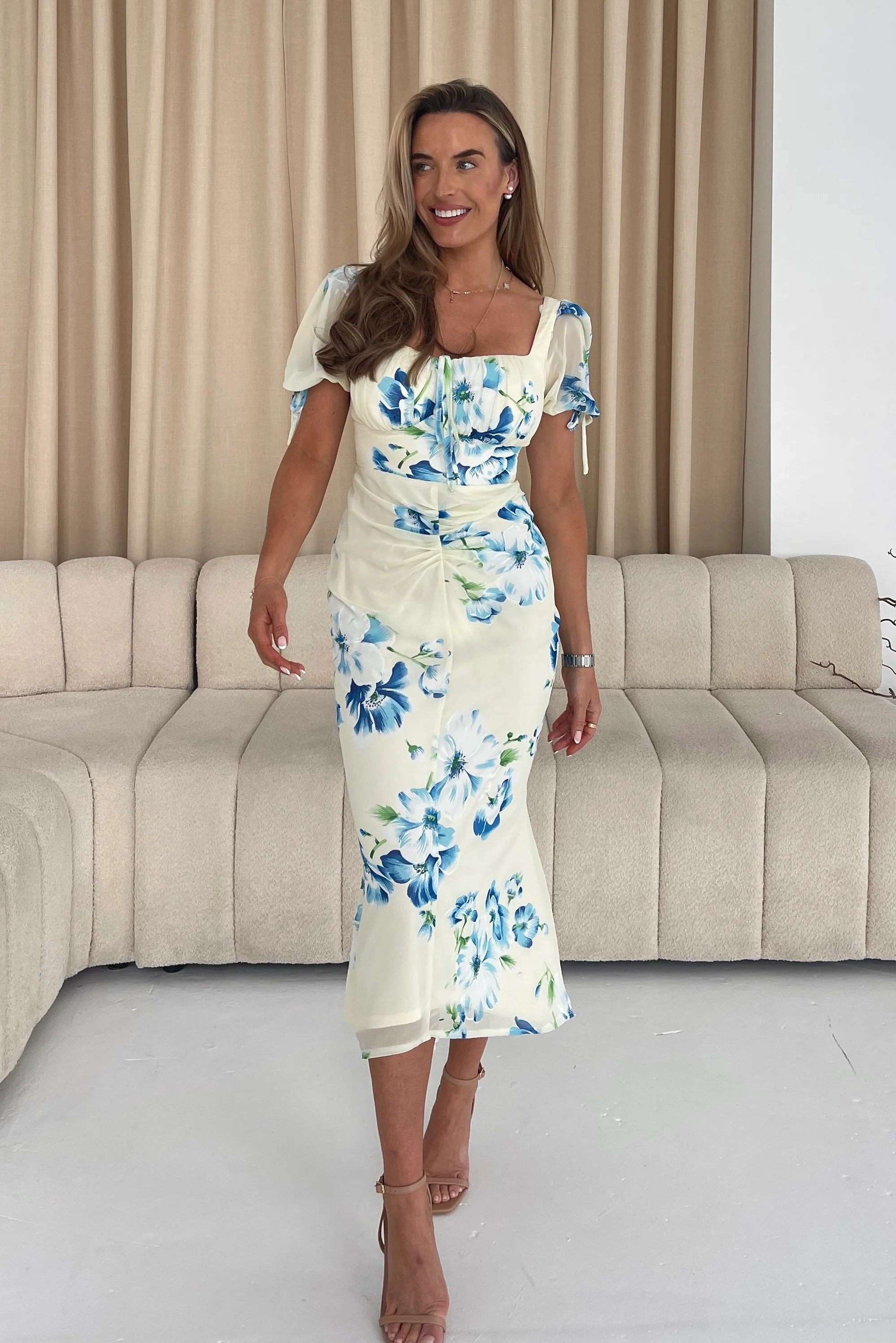 Dove Ruched Detail Midi Dress In Yellow Floral - Image 3