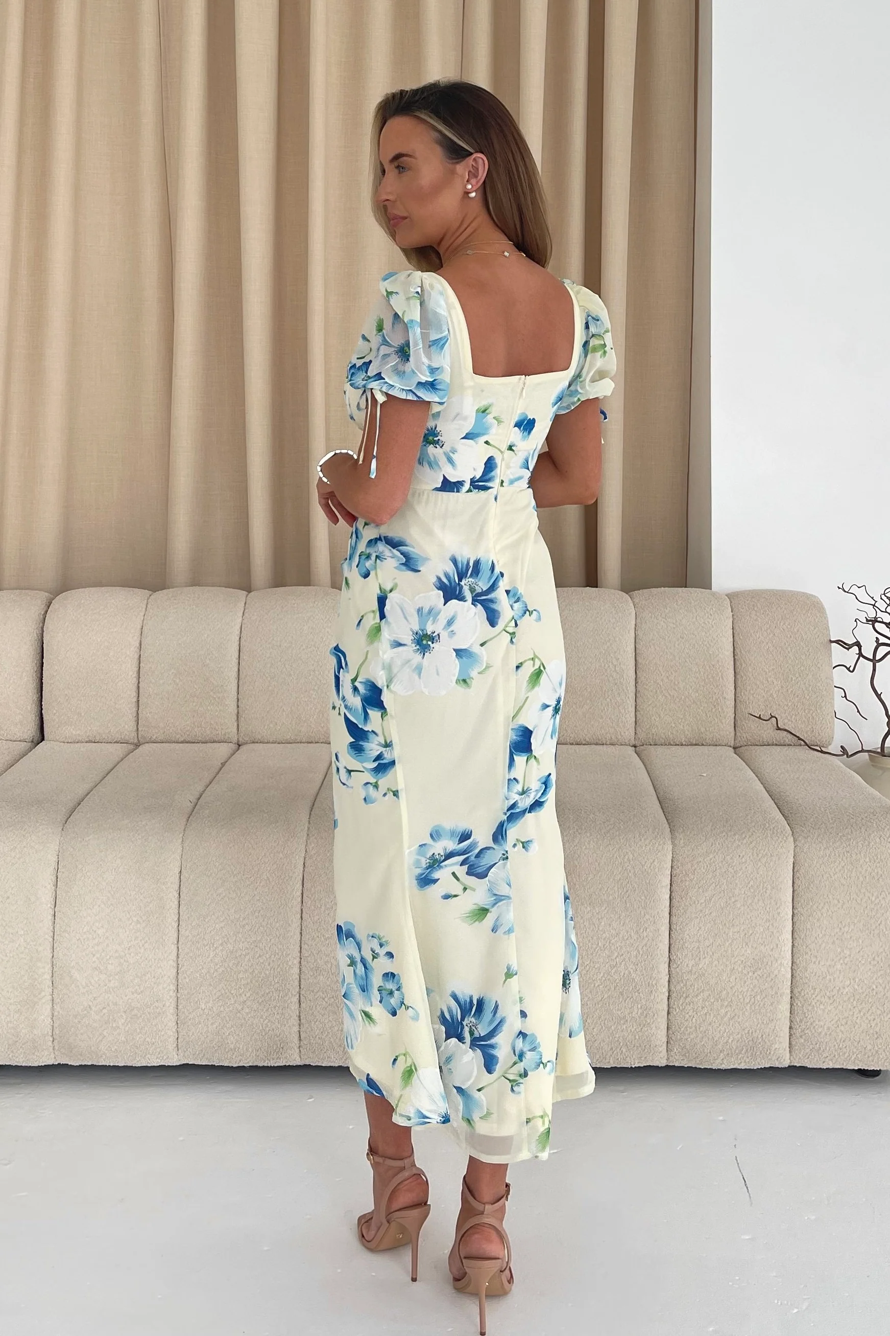 Dove Ruched Detail Midi Dress In Yellow Floral - Image 5