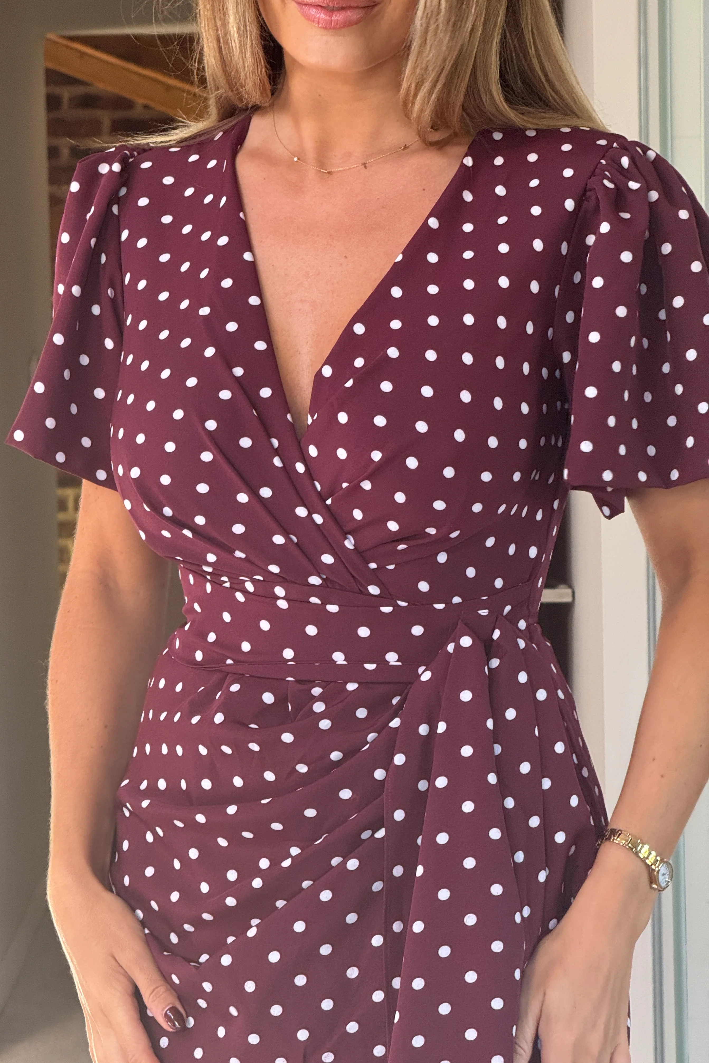 Drew Puff Sleeve Wrap Front Midi Dress Berry Spot - Image 2