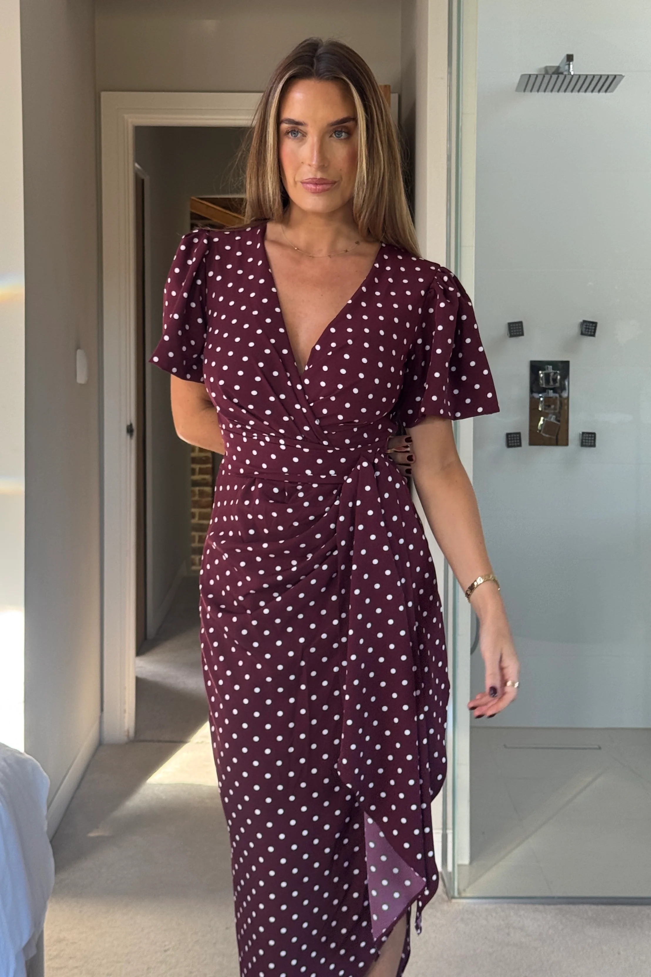 Drew Puff Sleeve Wrap Front Midi Dress Berry Spot - Image 3