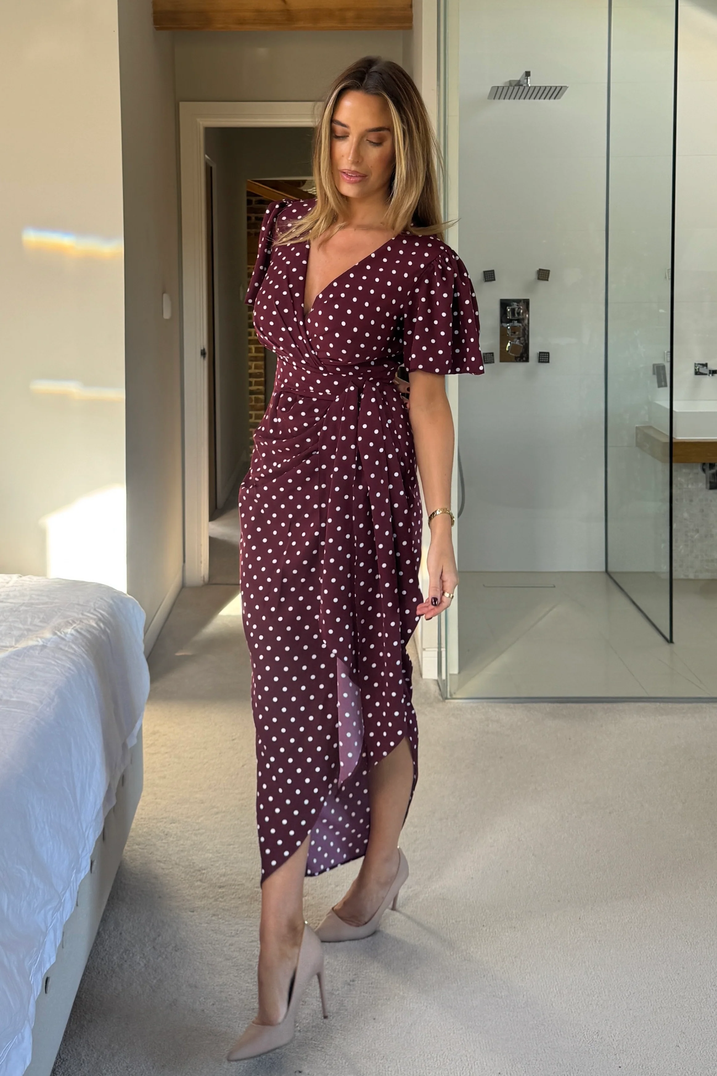 Drew Puff Sleeve Wrap Front Midi Dress Berry Spot - Image 4