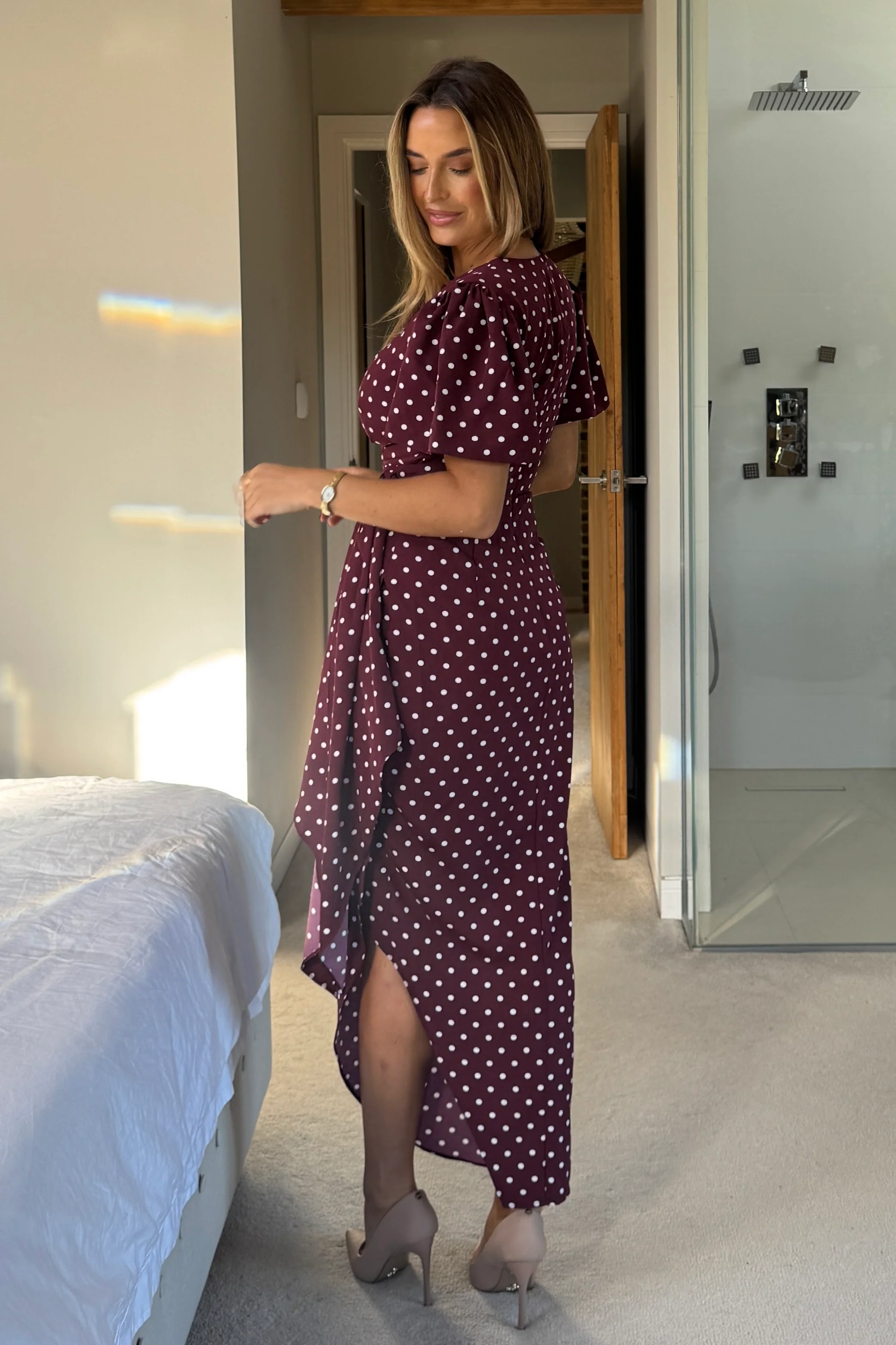 Drew Puff Sleeve Wrap Front Midi Dress Berry Spot - Image 5
