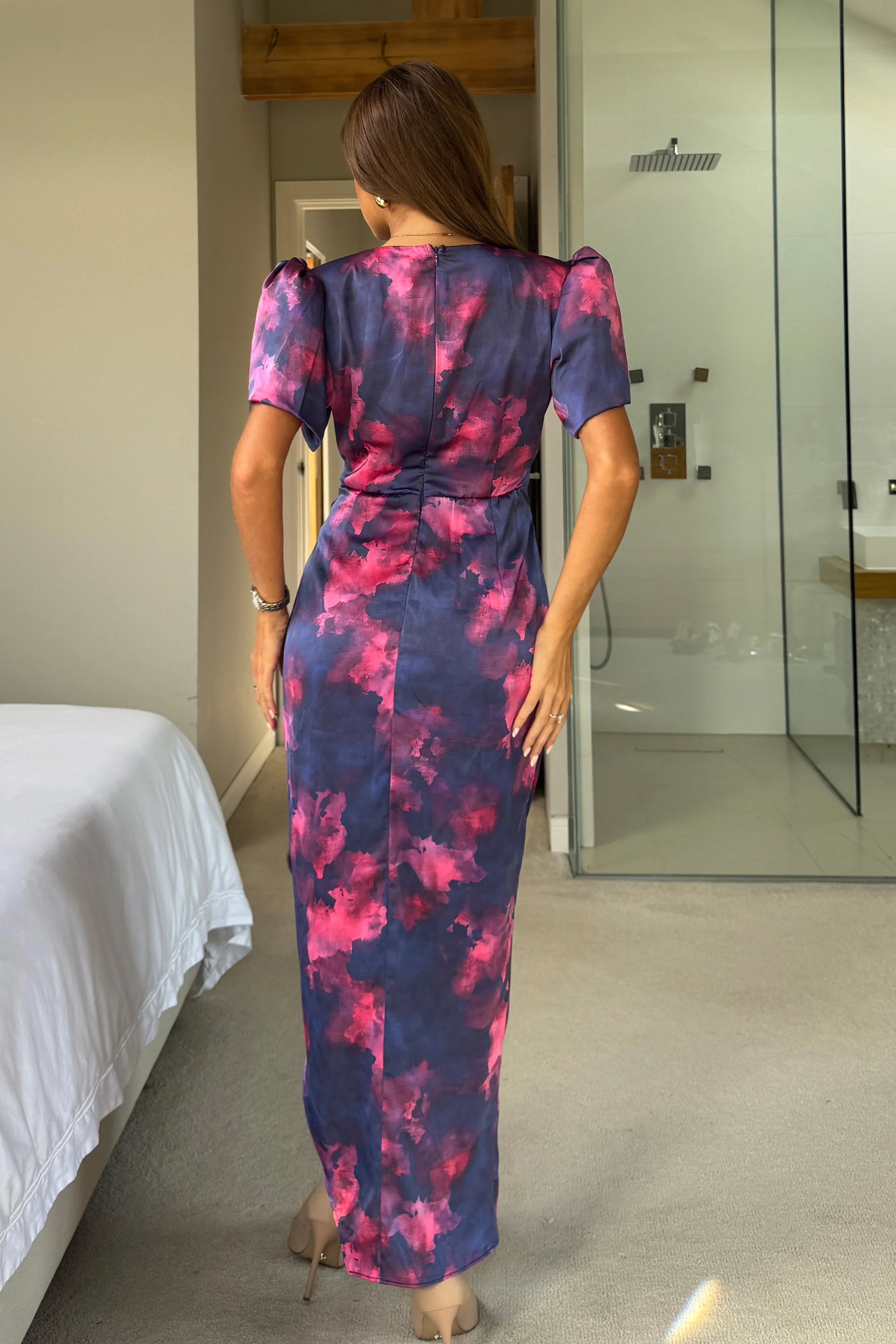 Drew Puff Sleeve Wrap Front Midi Dress Blue Marble *NEW FIT* - Image 4