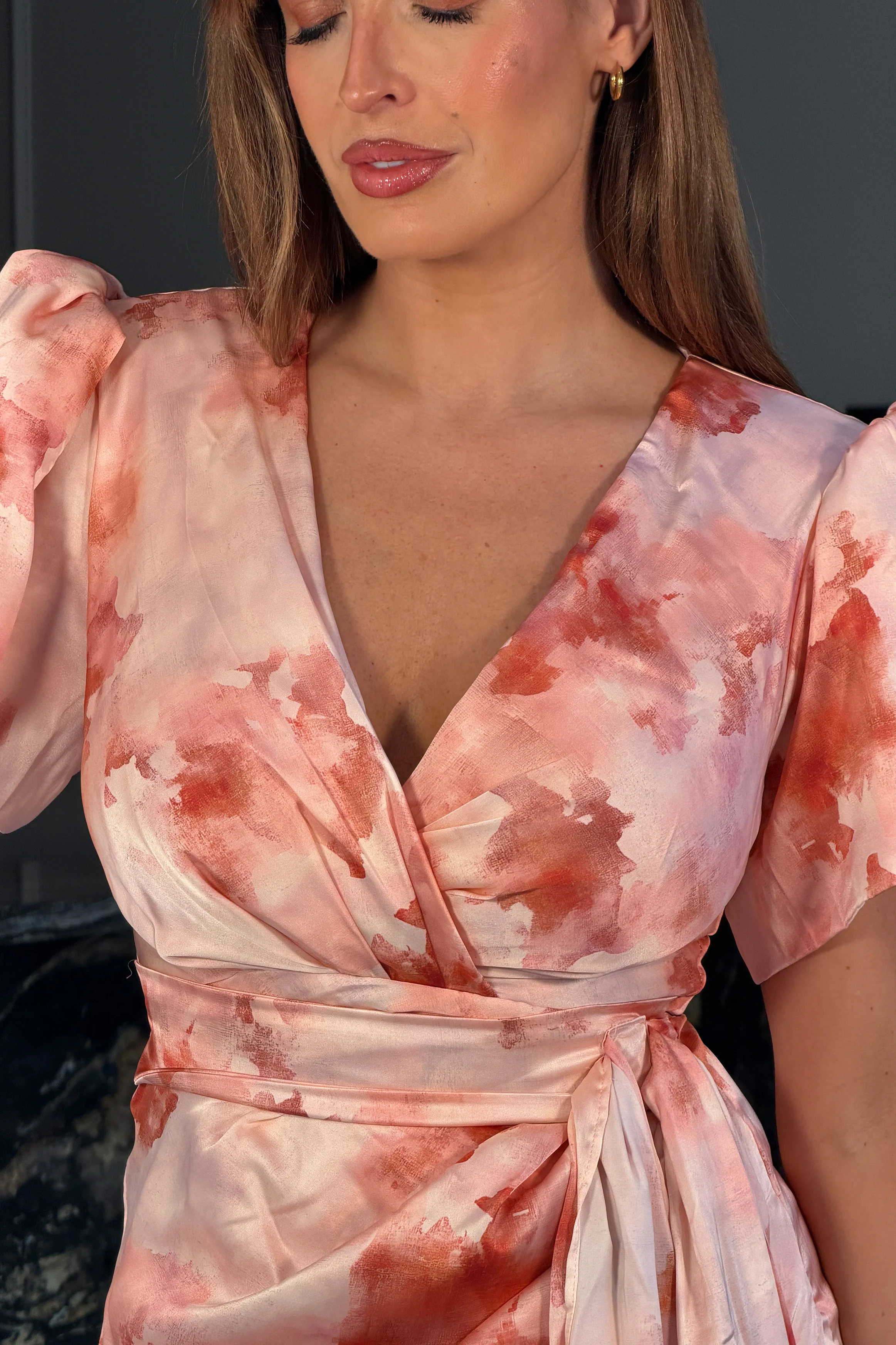 Drew Puff Sleeve Wrap Front Midi Dress Blush Marble - Image 3