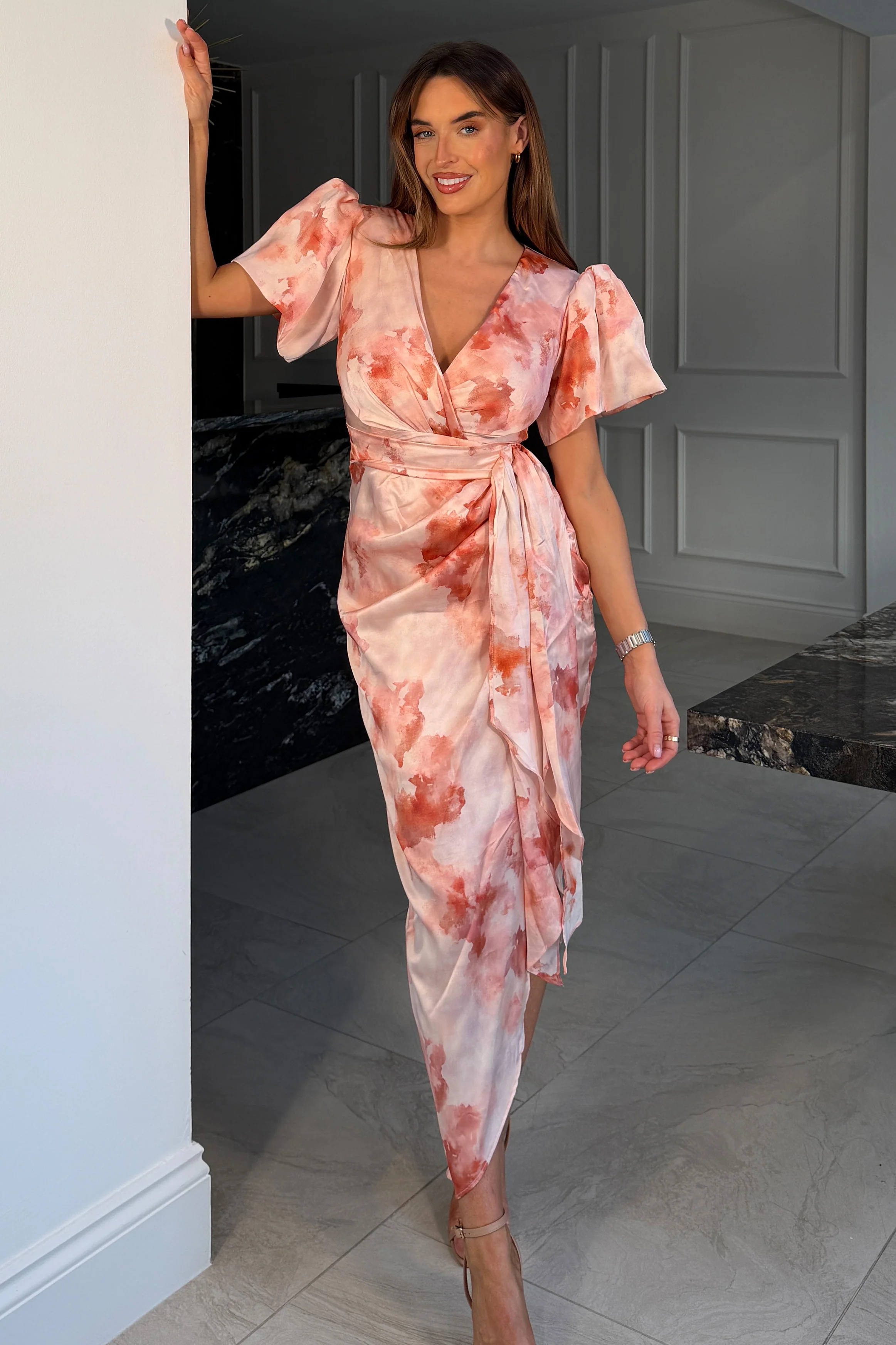 Drew Puff Sleeve Wrap Front Midi Dress Blush Marble - Image 4