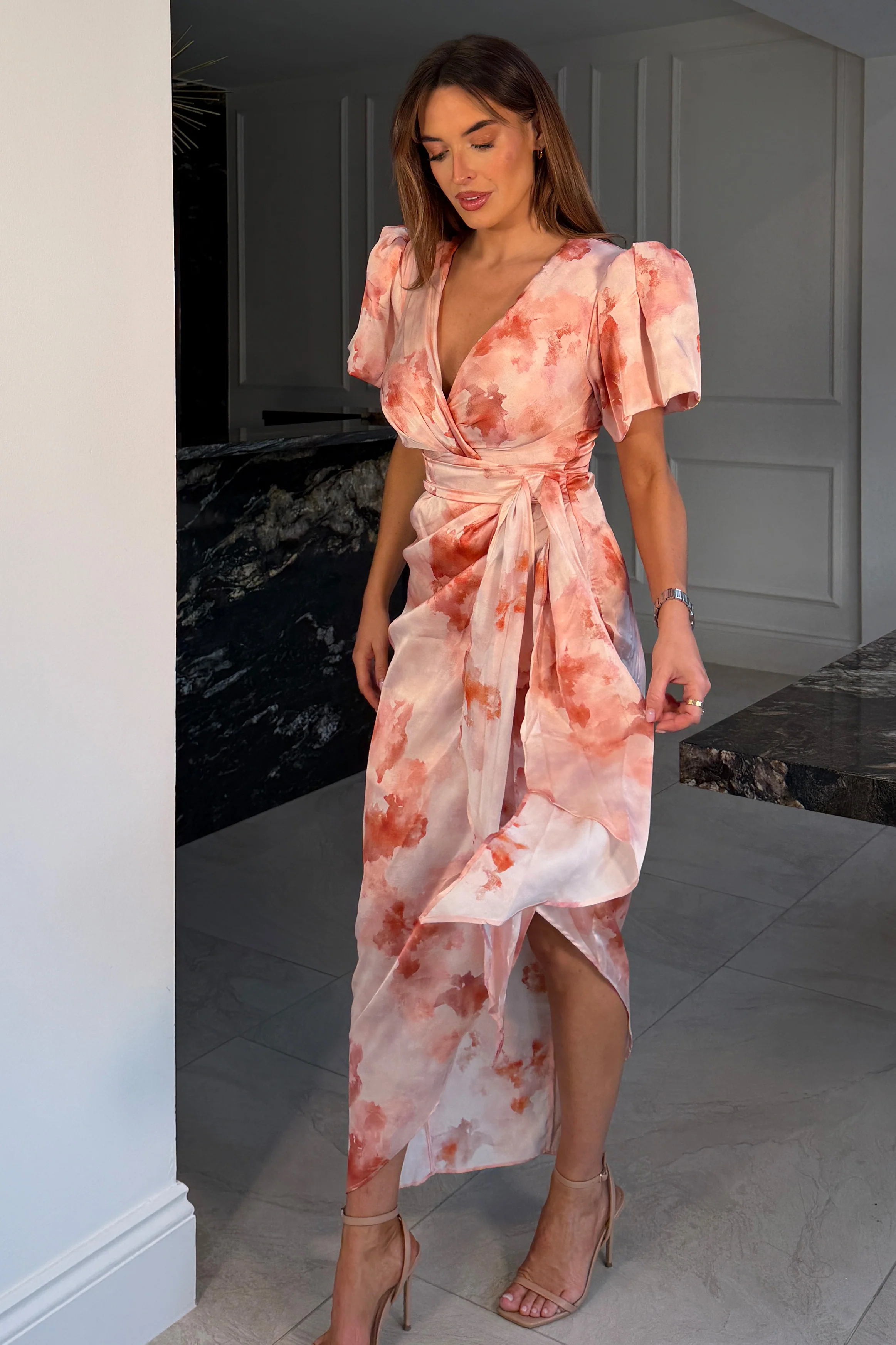 Drew Puff Sleeve Wrap Front Midi Dress Blush Marble - Image 5