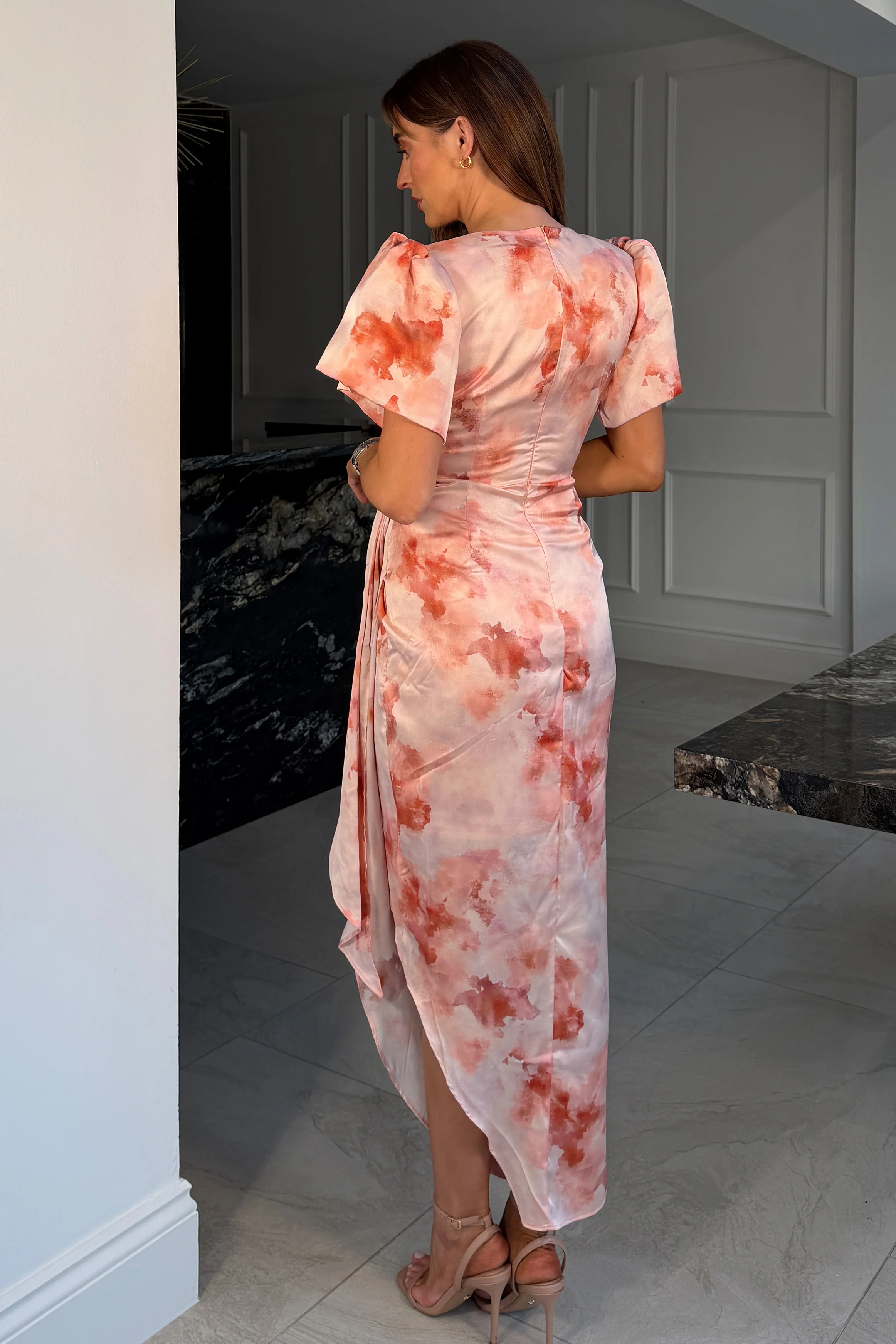 Drew Puff Sleeve Wrap Front Midi Dress Blush Marble - Image 6