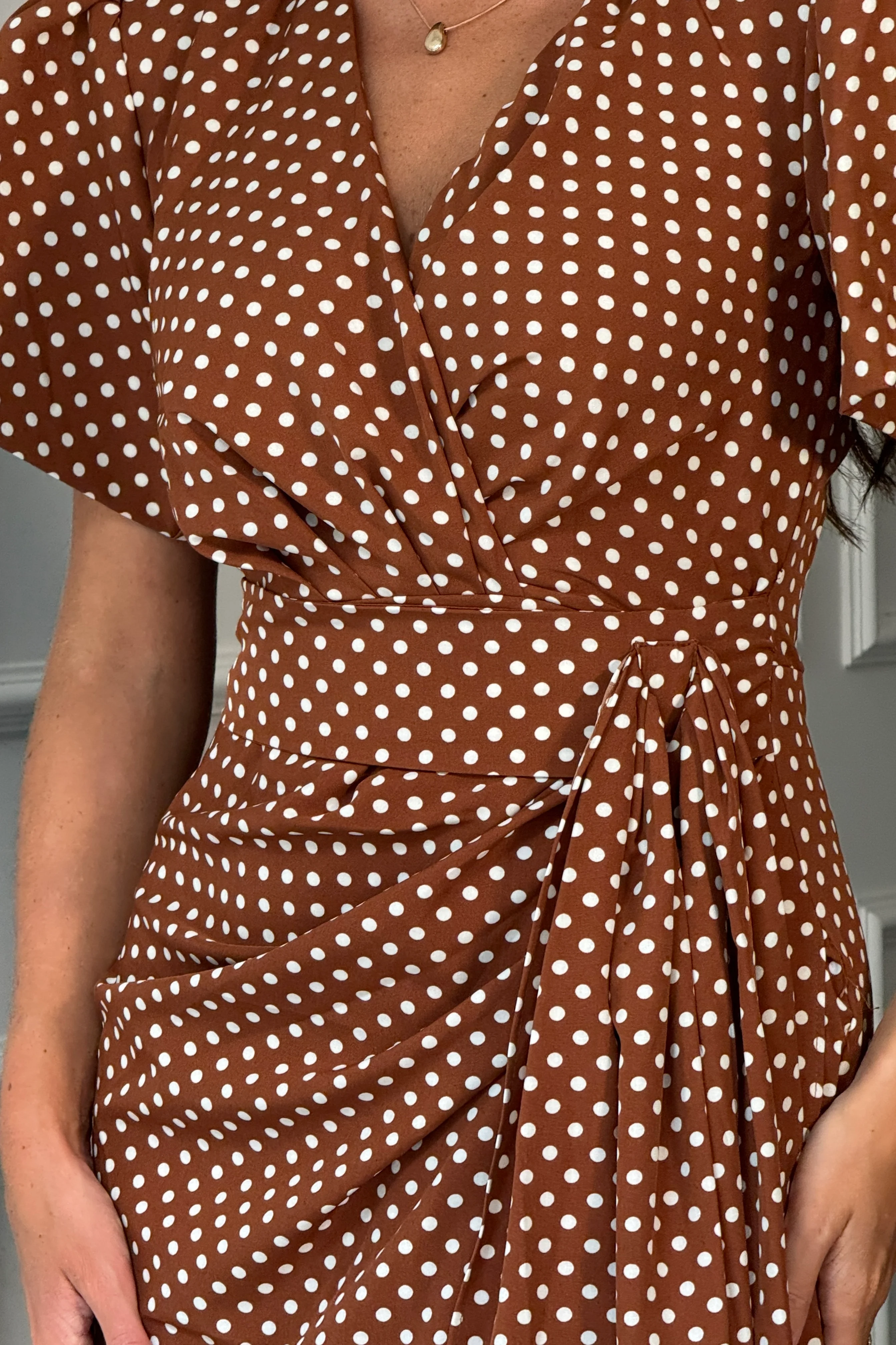 Drew Puff Sleeve Wrap Front Midi Dress Brown Spot - Image 3