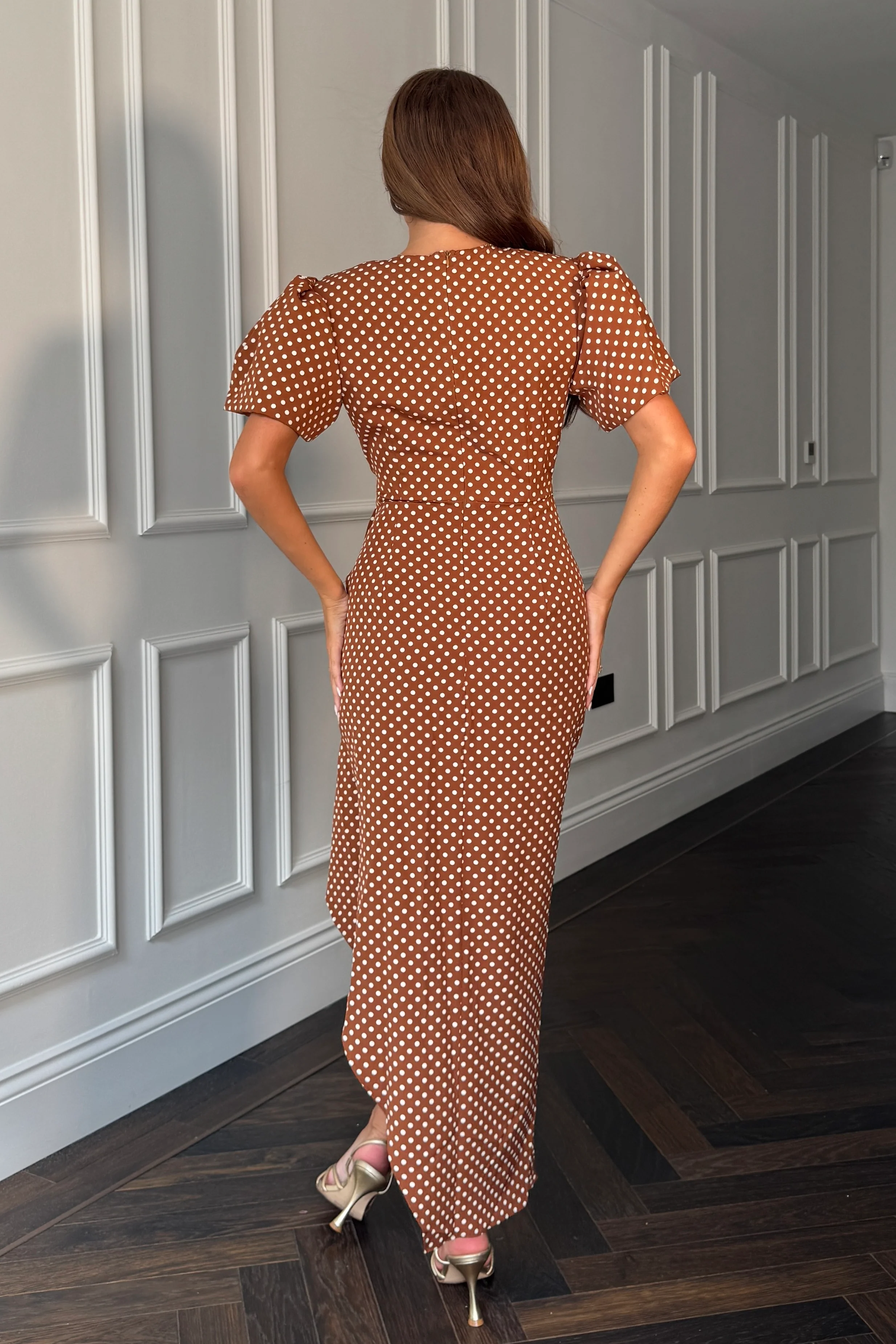 Drew Puff Sleeve Wrap Front Midi Dress Brown Spot - Image 5